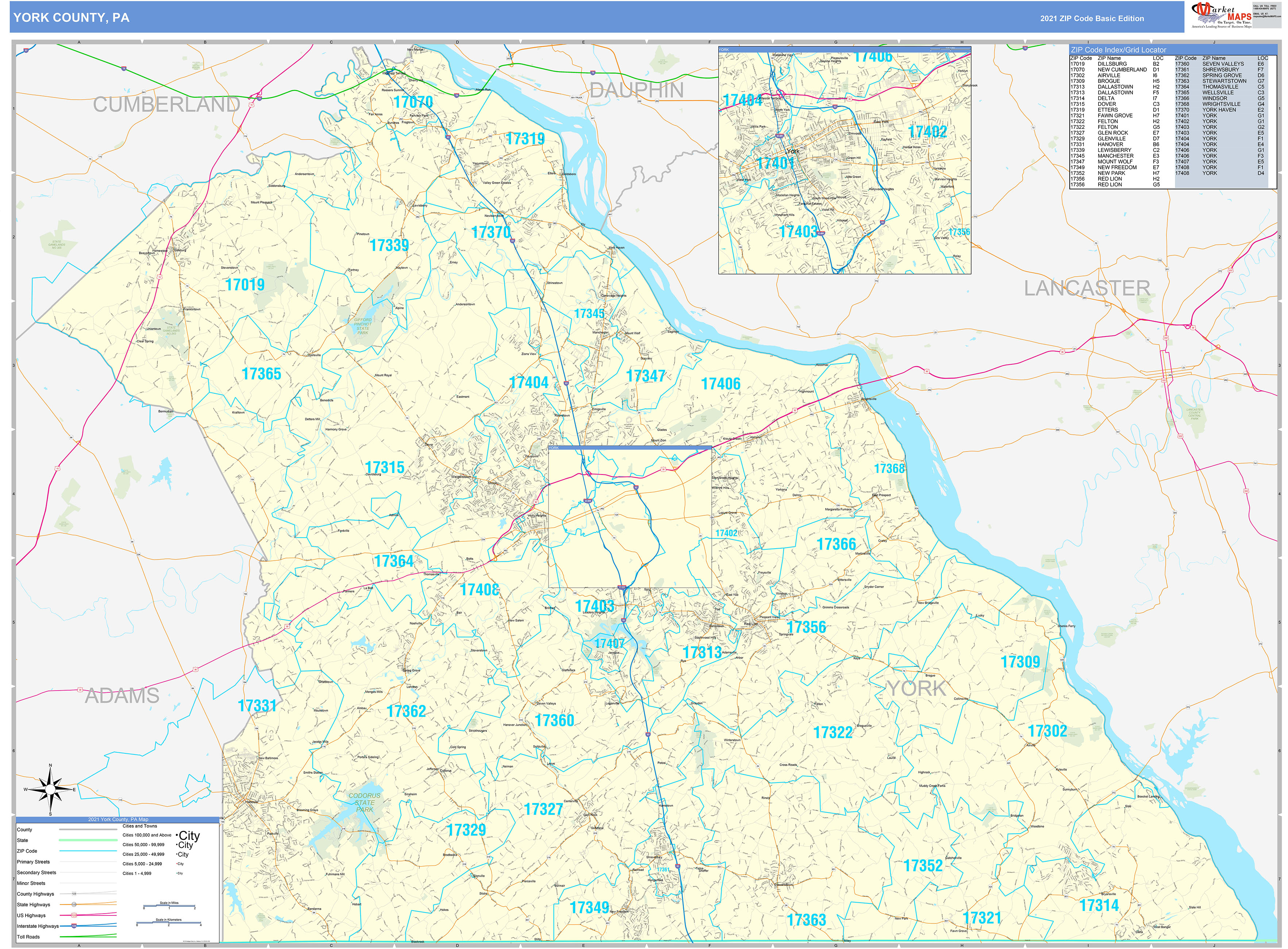 York County, PA Zip Code Wall Map Basic Style by MarketMAPS - MapSales
