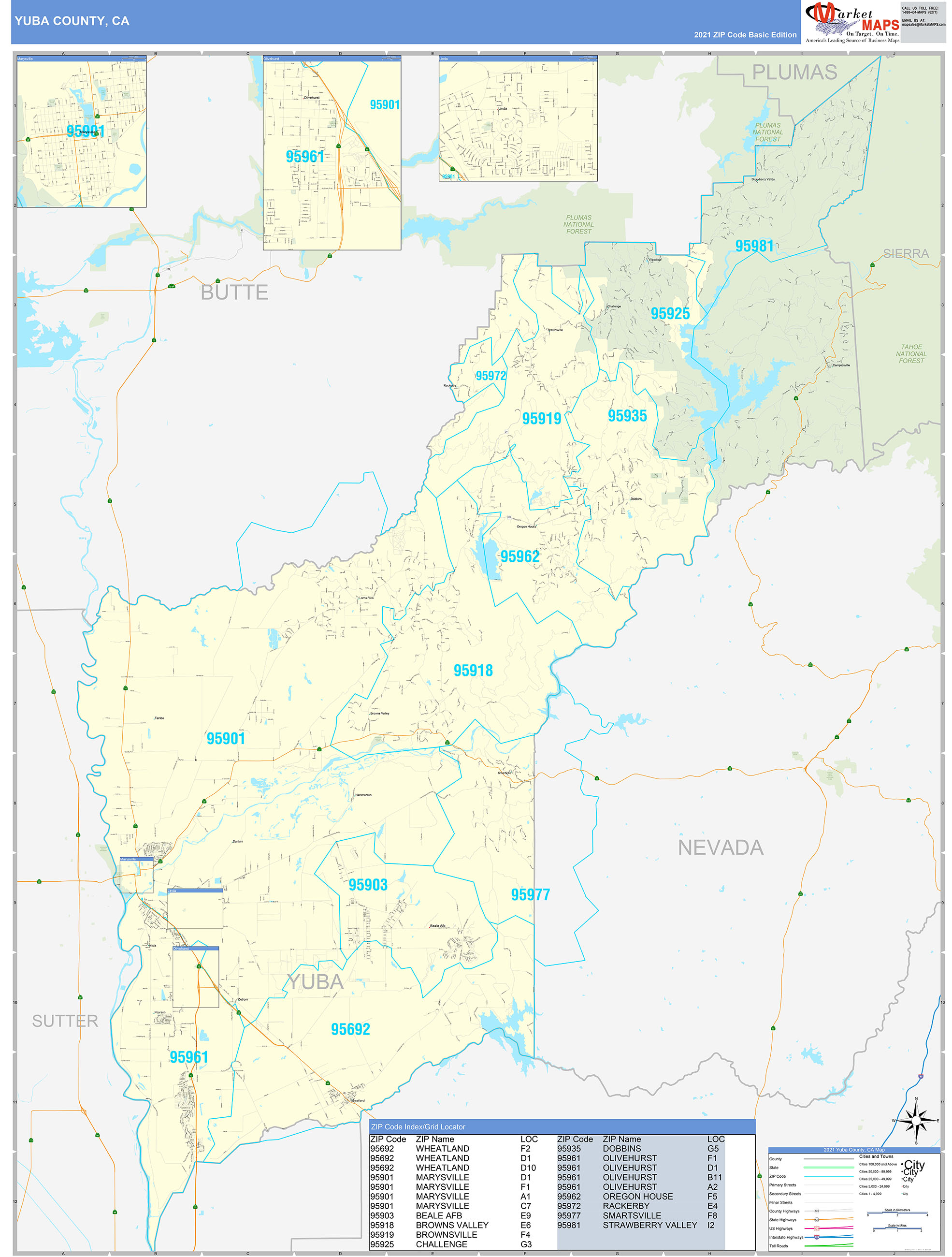 Yuba County Ca Zip Code Wall Map Basic Style By Marketmaps Mapsales