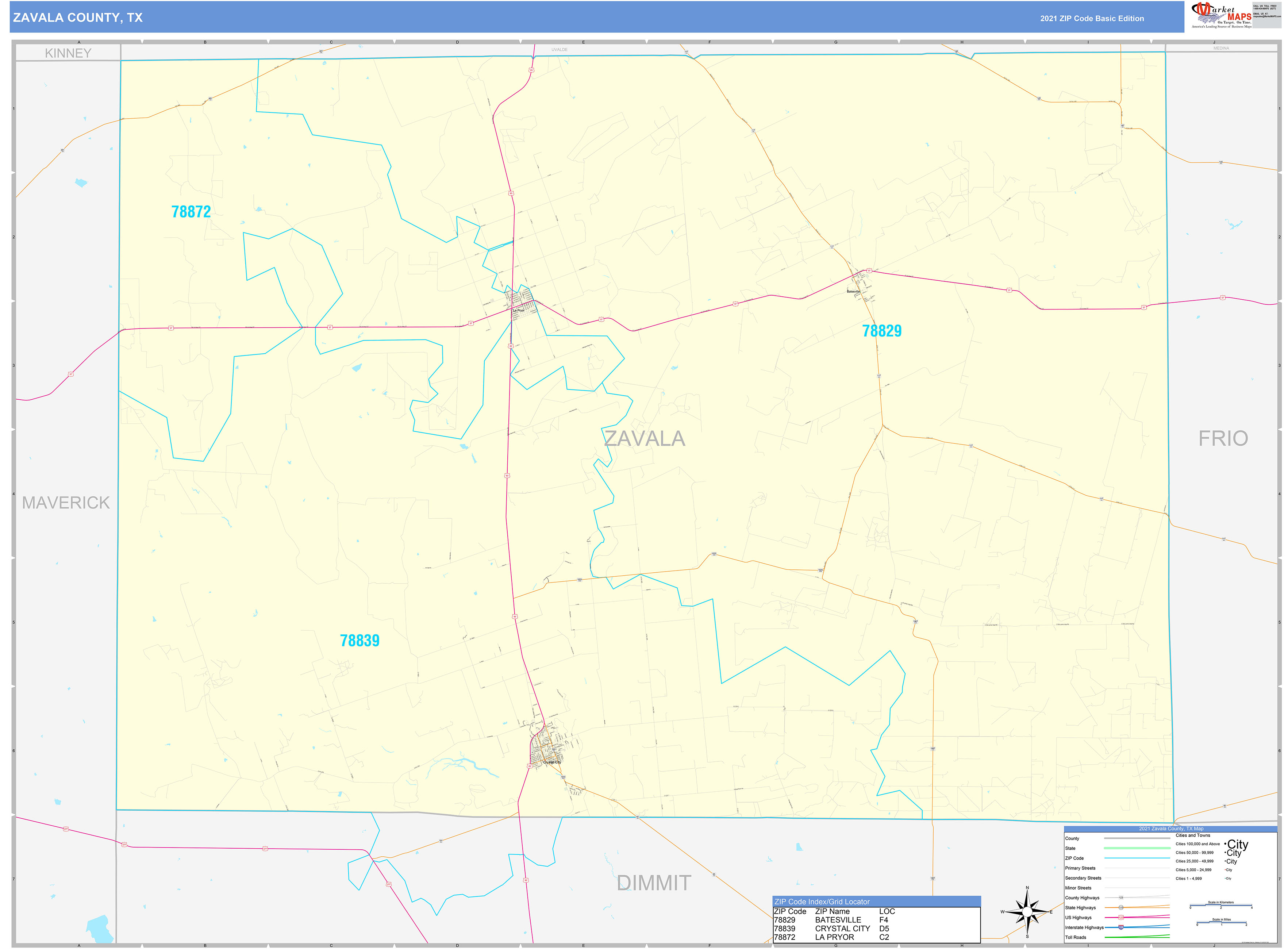 Zavala County, TX Zip Code Wall Map Basic Style by MarketMAPS