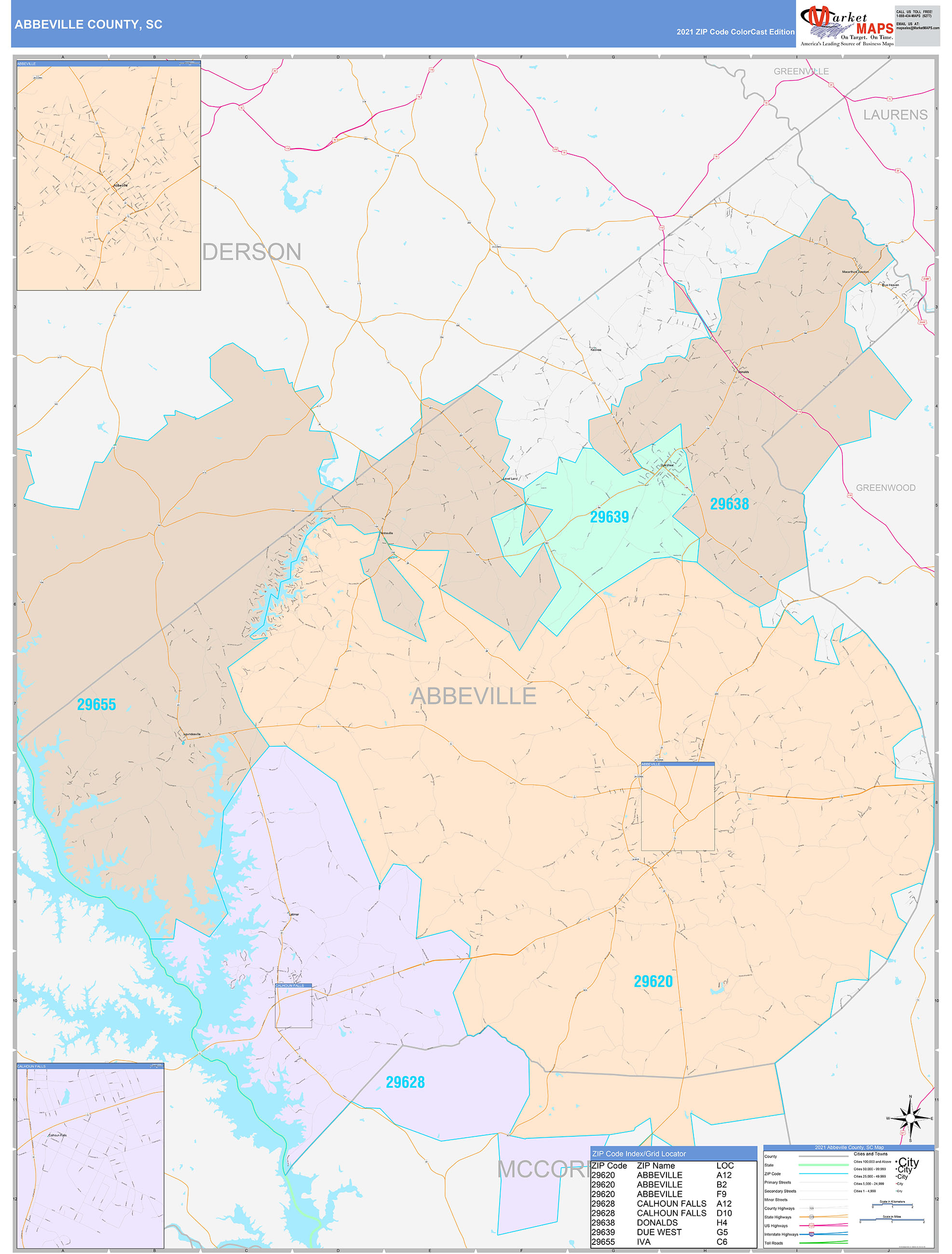 Abbeville County, SC Wall Map Color Cast Style by MarketMAPS