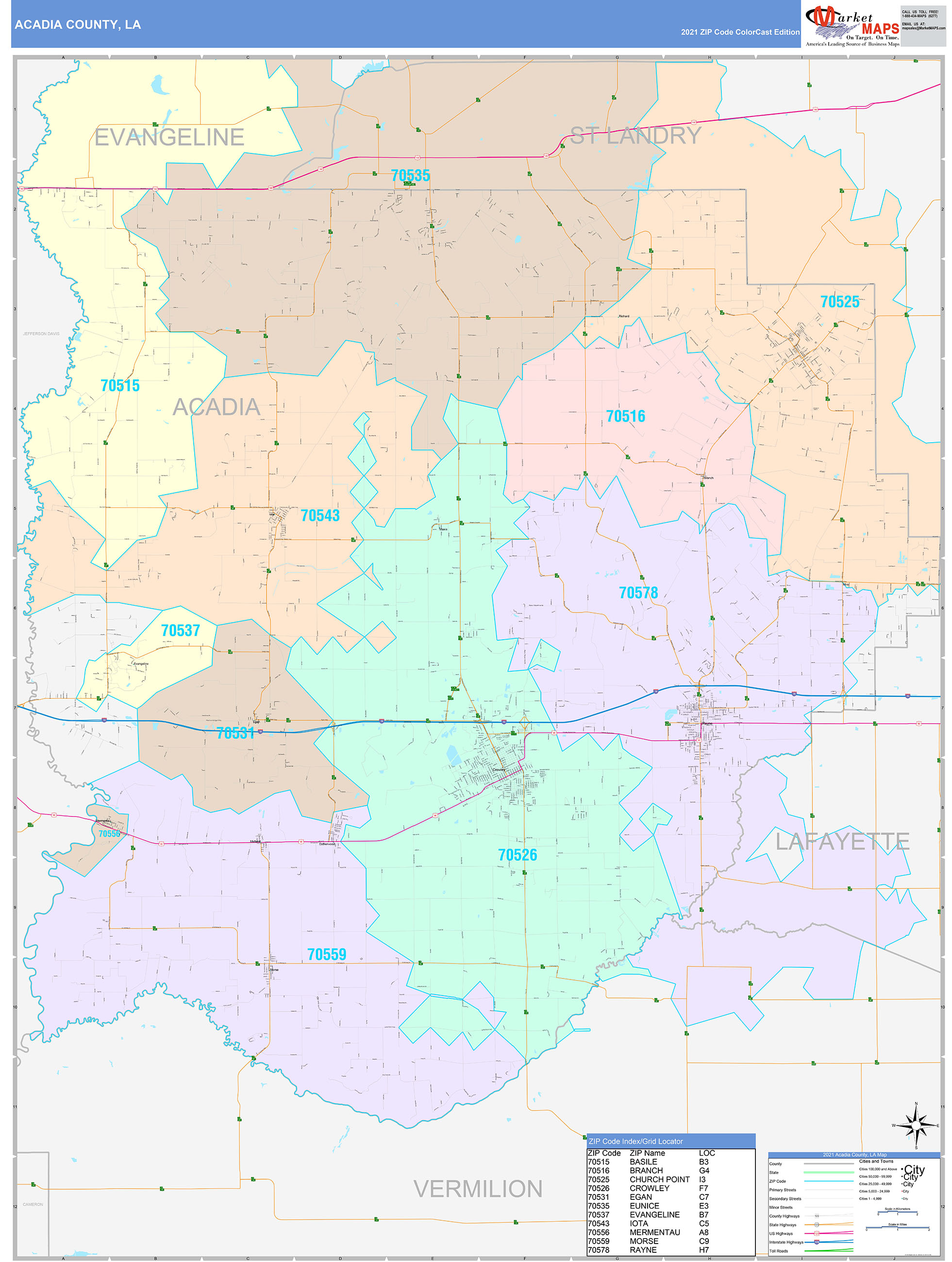 Acadia County, LA Wall Map Color Cast Style by MarketMAPS