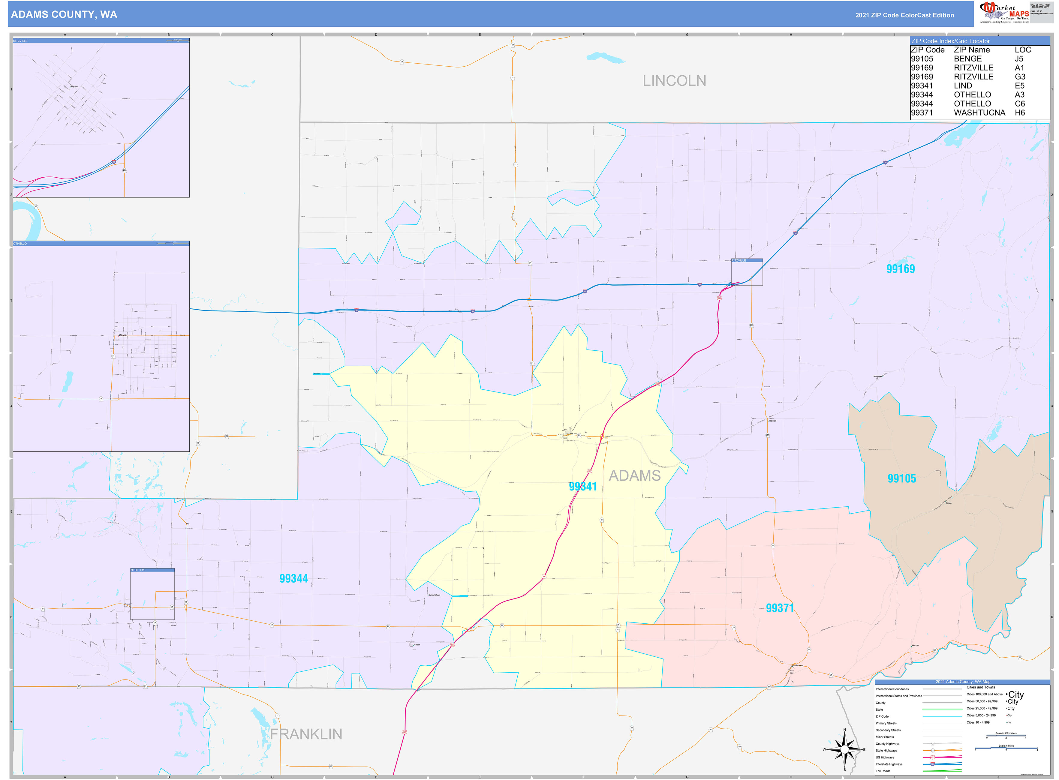 Adams County, Wa Wall Map Color Cast Style By Marketmaps