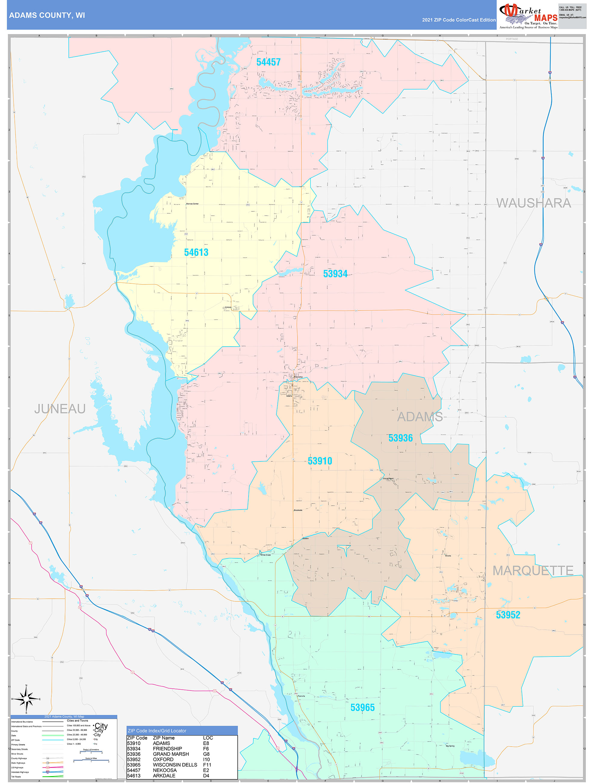Adams County, WI Wall Map Color Cast Style by MarketMAPS