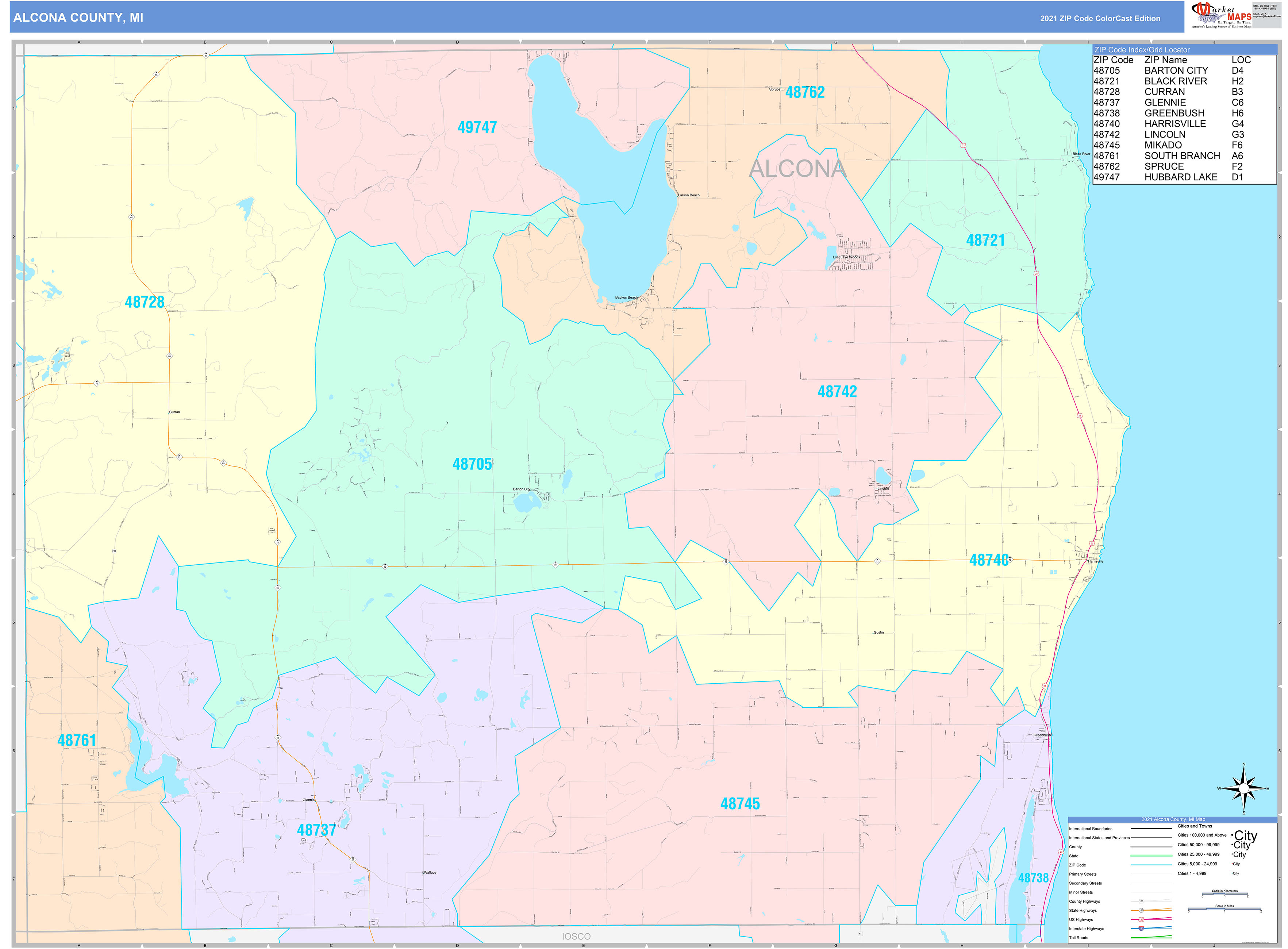 Alcona County, MI Wall Map Color Cast Style by MarketMAPS