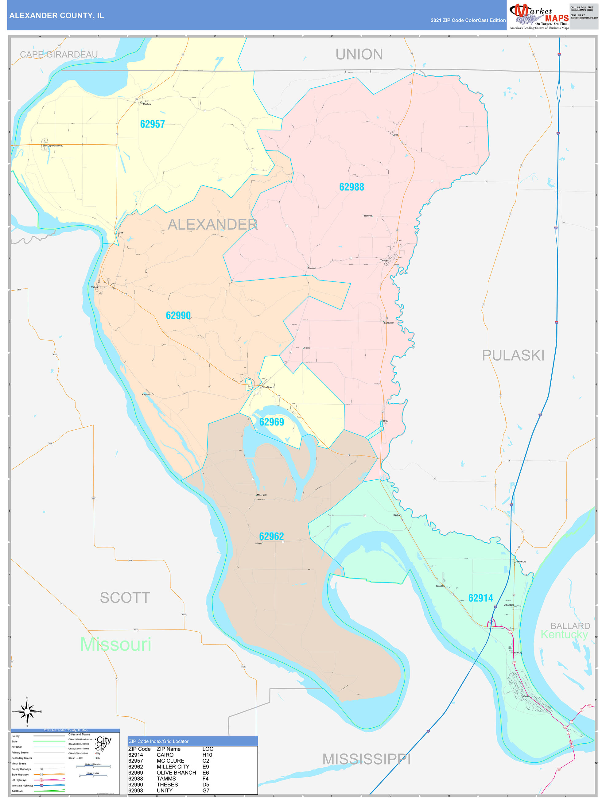 Alexander County IL Wall Map Color Cast Style By MarketMAPS MapSales Com   Alexander IL 