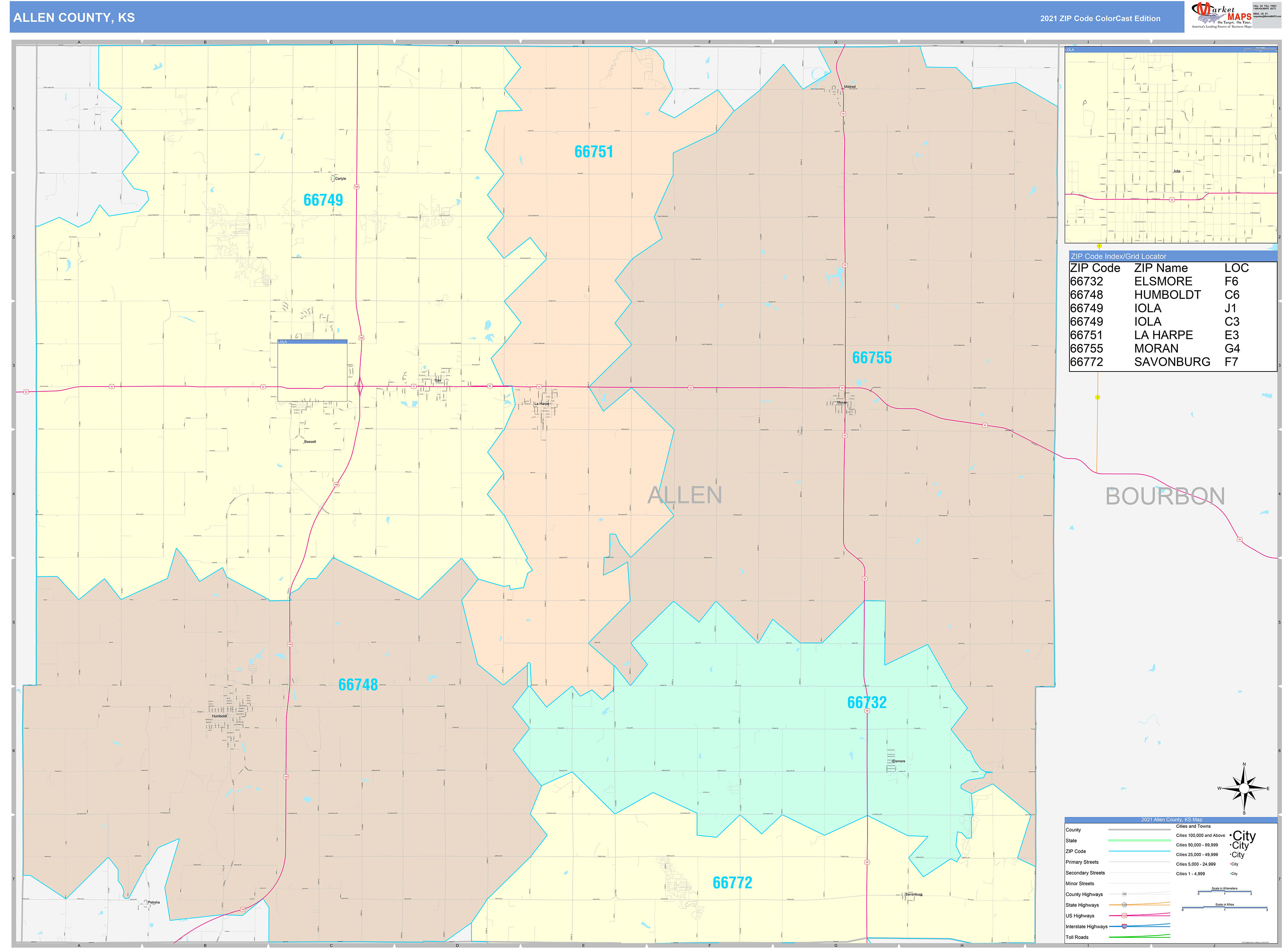 Allen County, KS Wall Map Color Cast Style by MarketMAPS MapSales