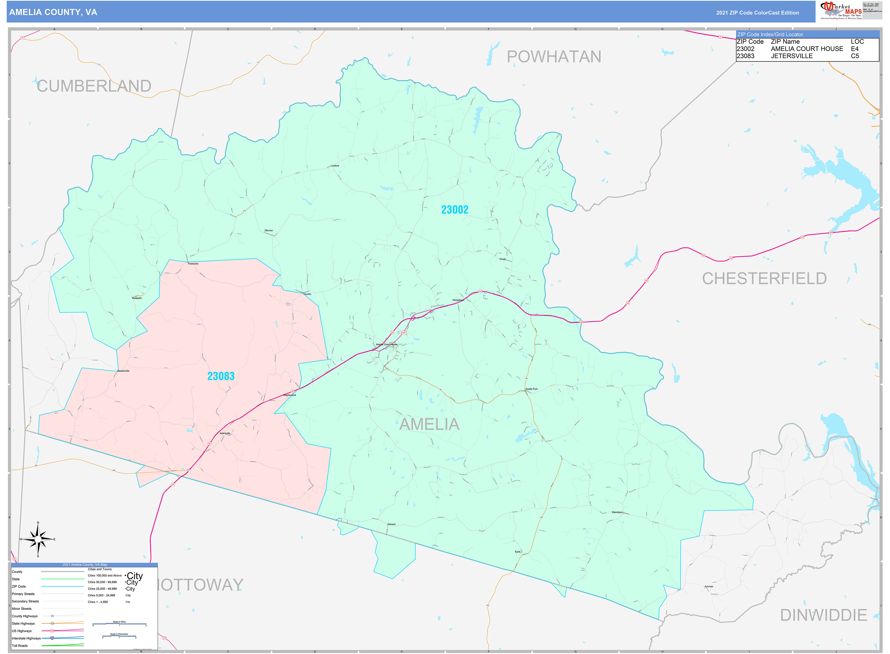 Amelia County, VA Wall Map Color Cast Style by MarketMAPS