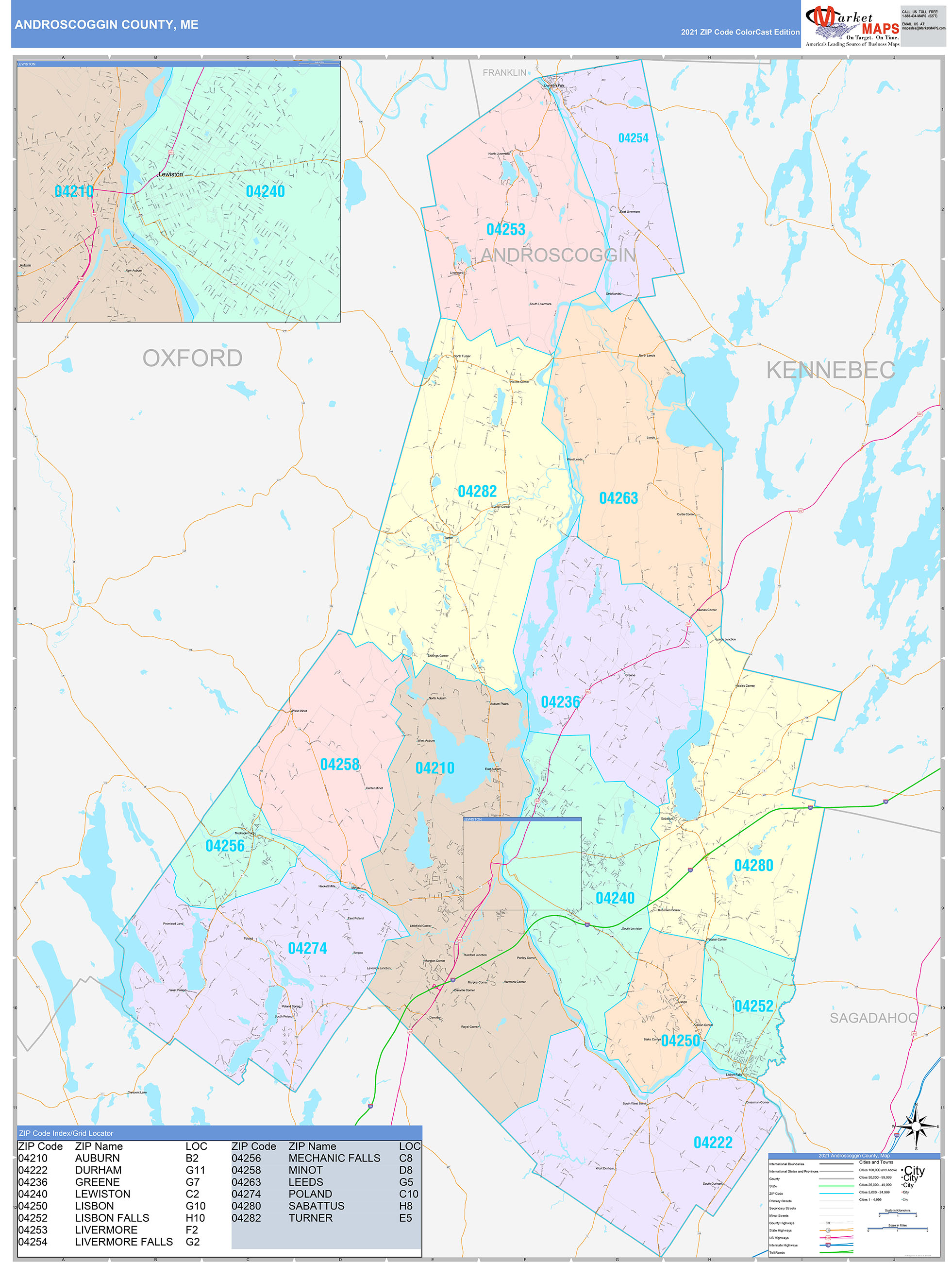 Androscoggin County, ME Wall Map Color Cast Style by MarketMAPS ...