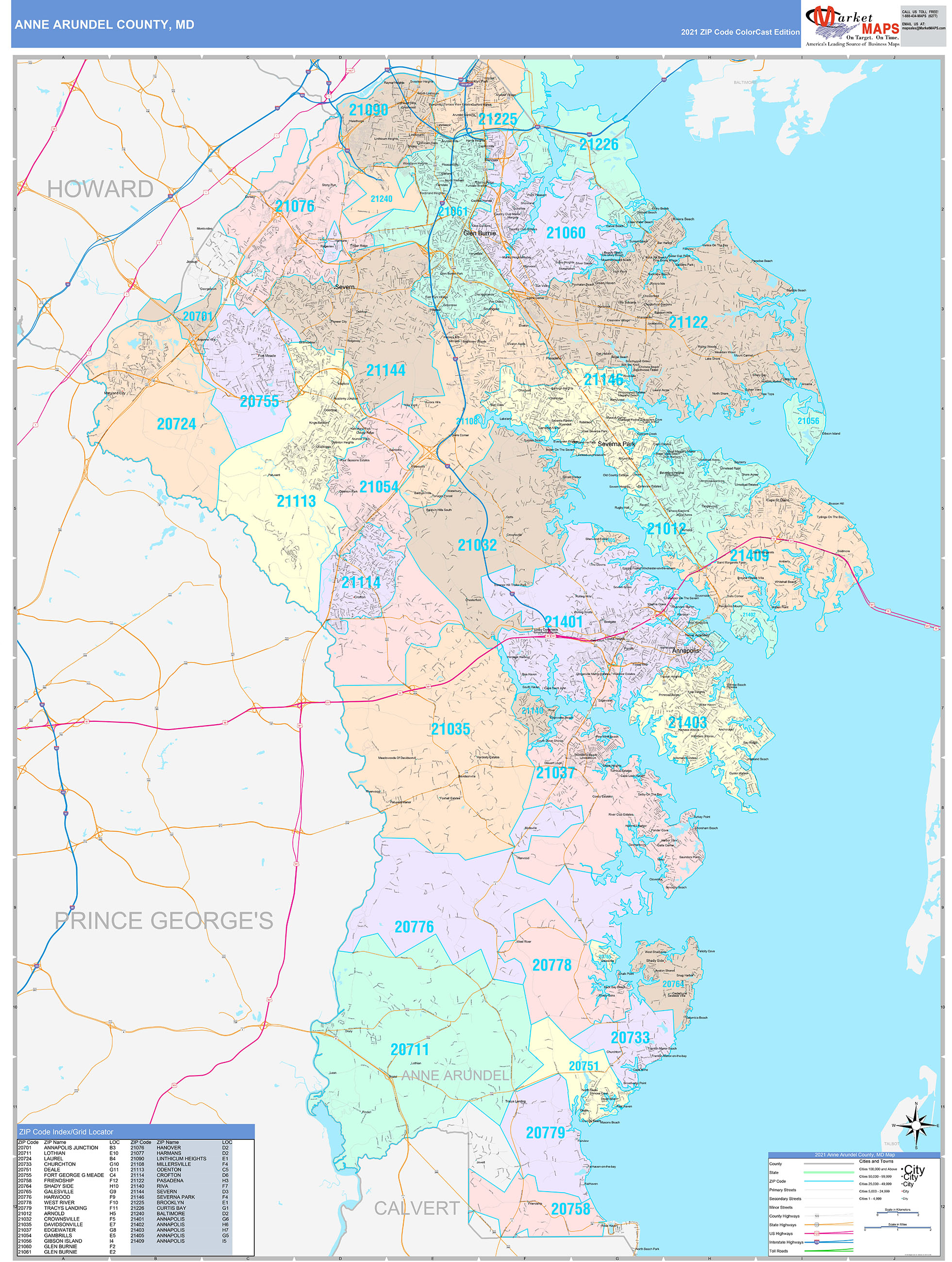 Anne Arundel County MD Wall Map Color Cast Style by MarketMAPS