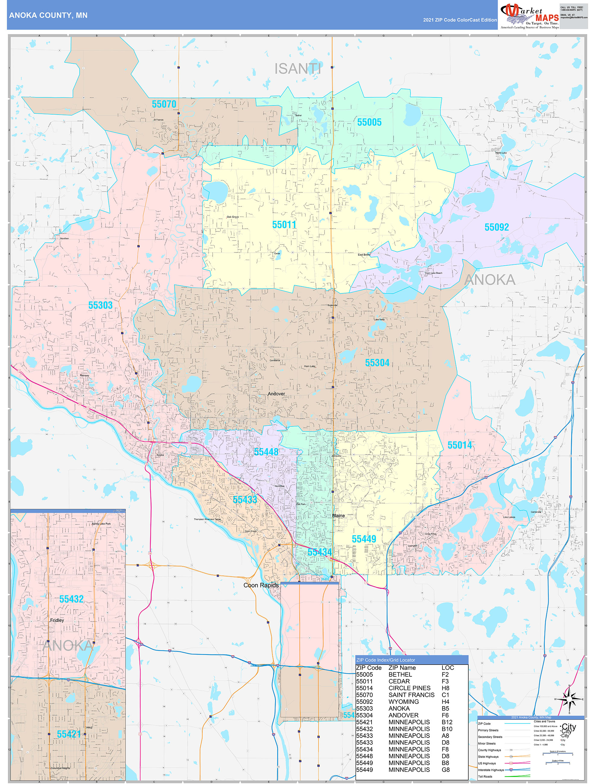 Anoka County, MN Wall Map Color Cast Style by MarketMAPS