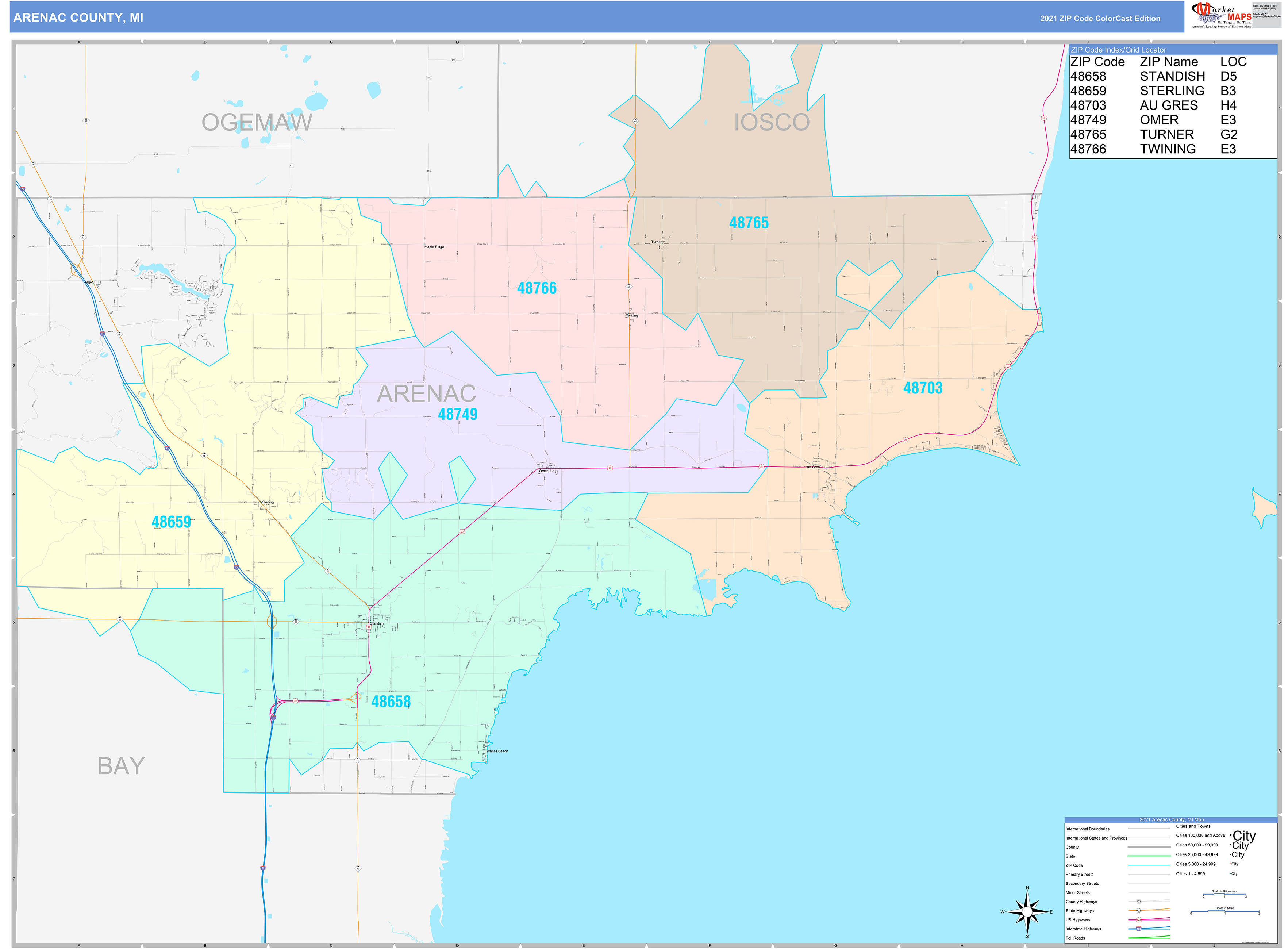 Arenac County Mi Wall Map Color Cast Style By Marketmaps 8972