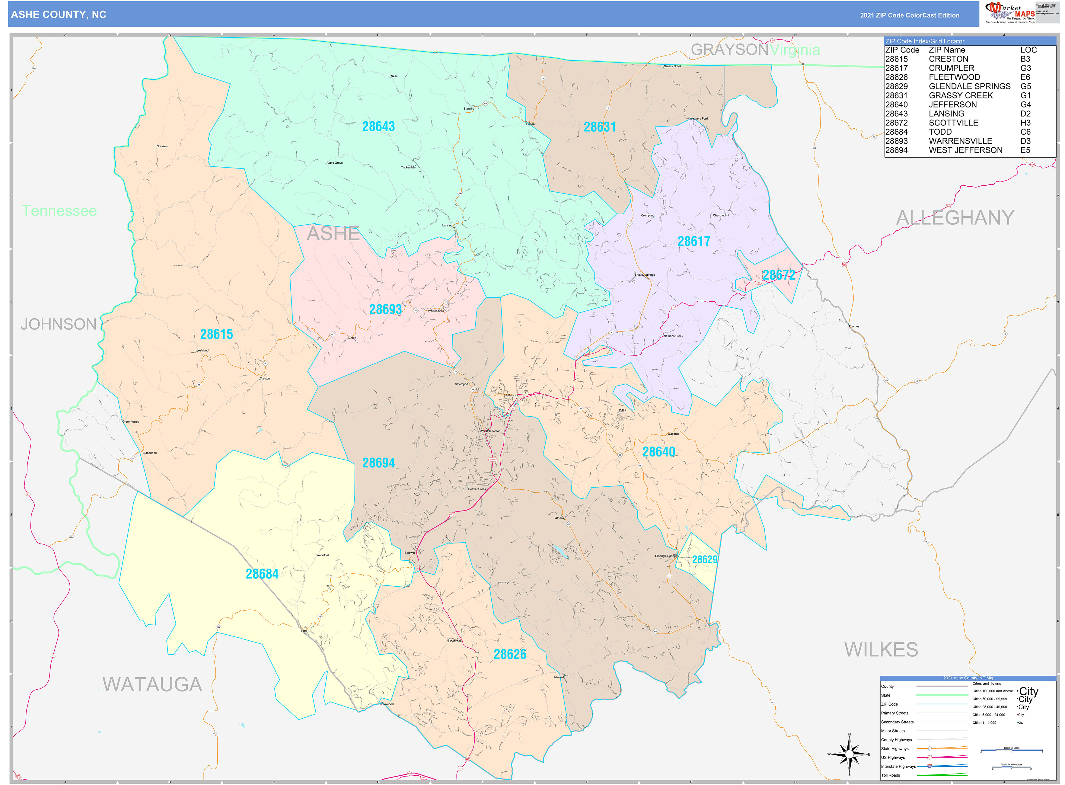 Ashe County, NC Wall Map Color Cast Style by MarketMAPS