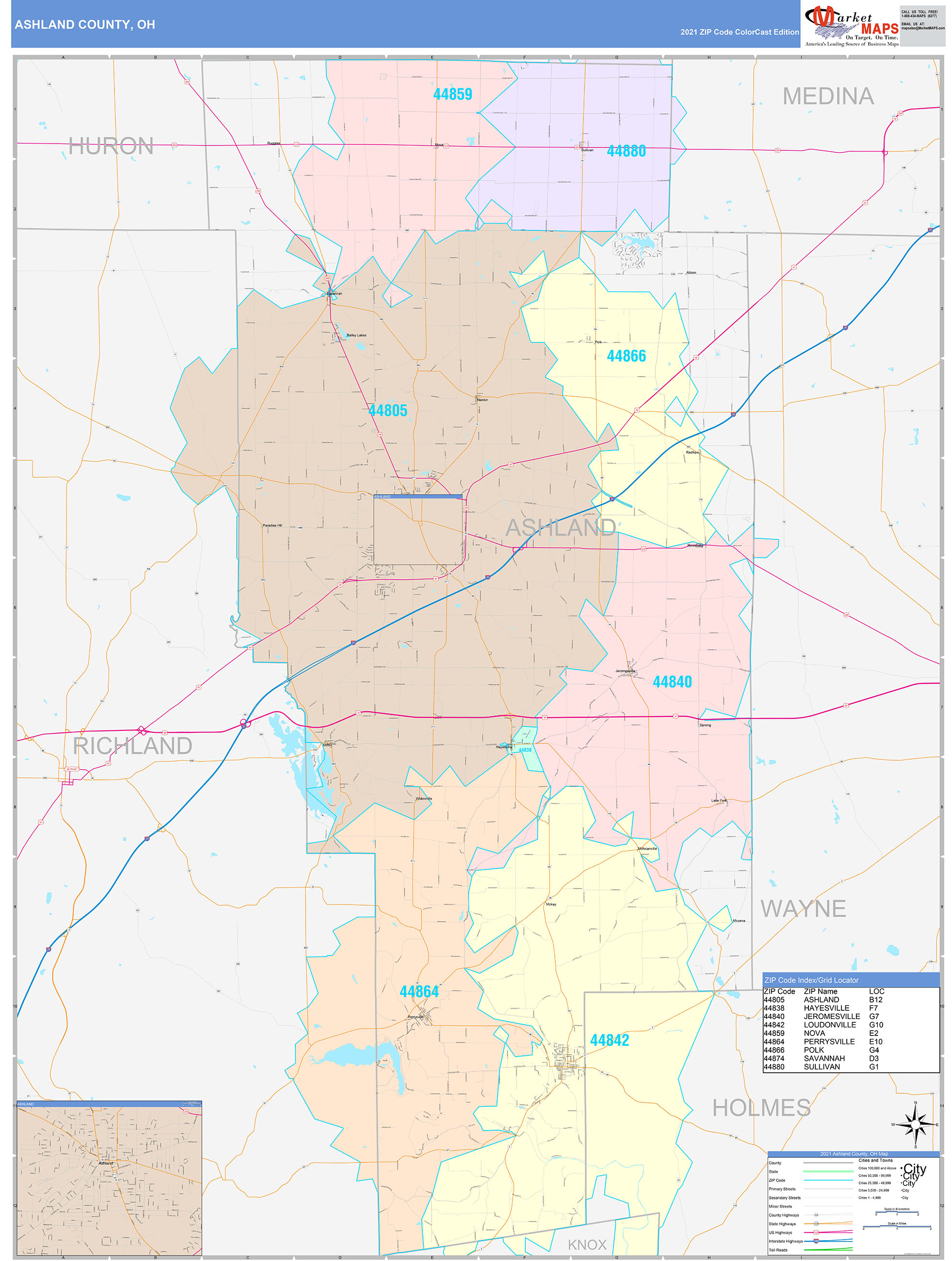 Ashland County, OH Wall Map Color Cast Style by MarketMAPS