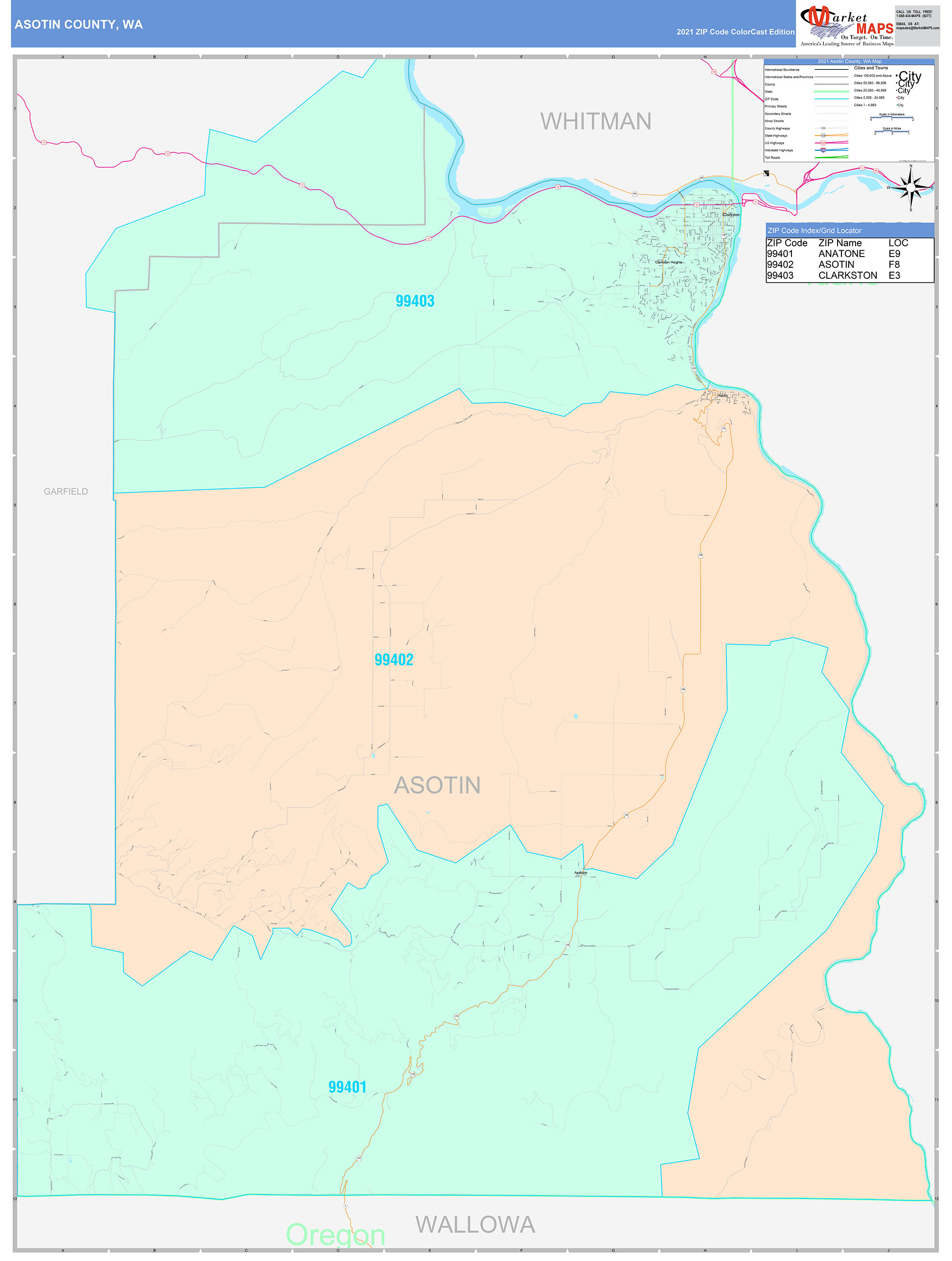 Asotin County, WA Wall Map Color Cast Style by MarketMAPS - MapSales.com