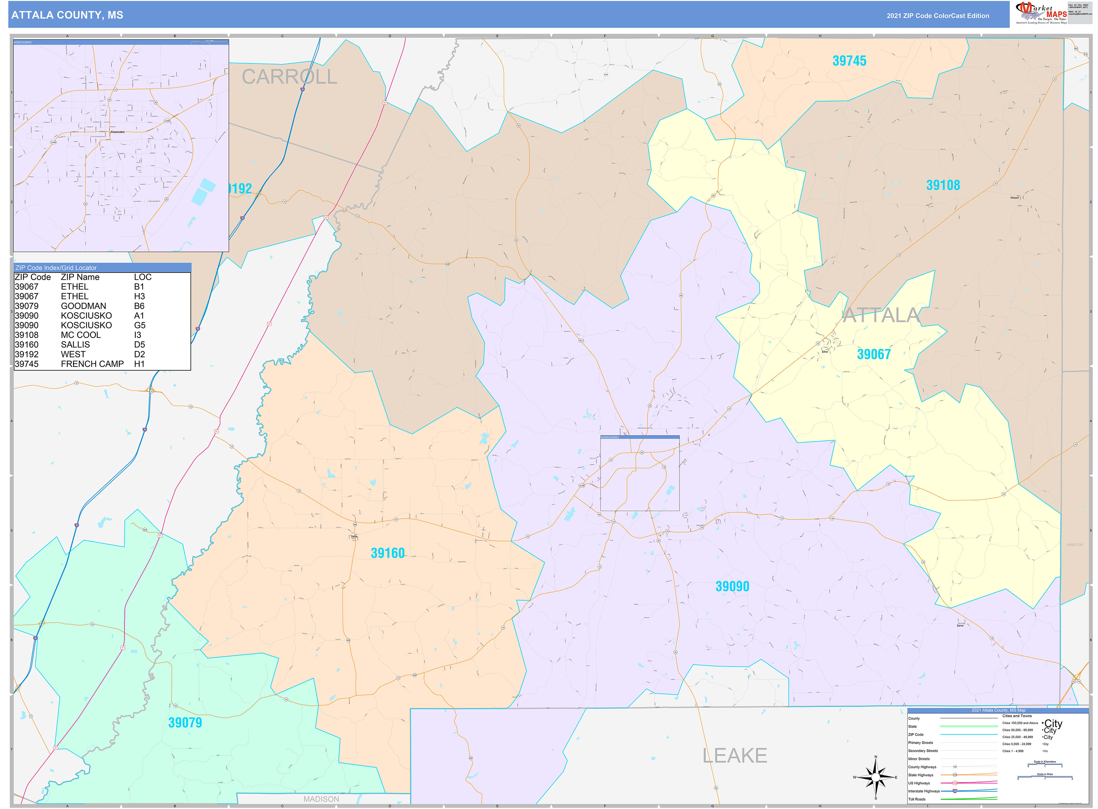 Attala County, MS Wall Map Color Cast Style by MarketMAPS