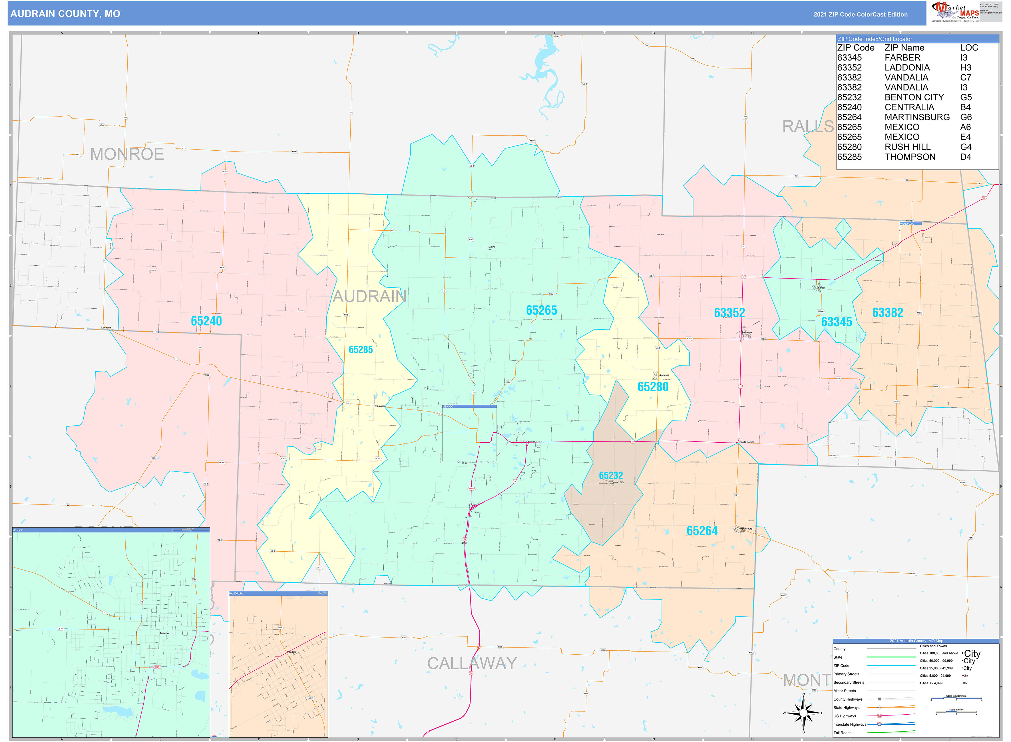 Audrain County, MO Wall Map Color Cast Style by MarketMAPS - MapSales