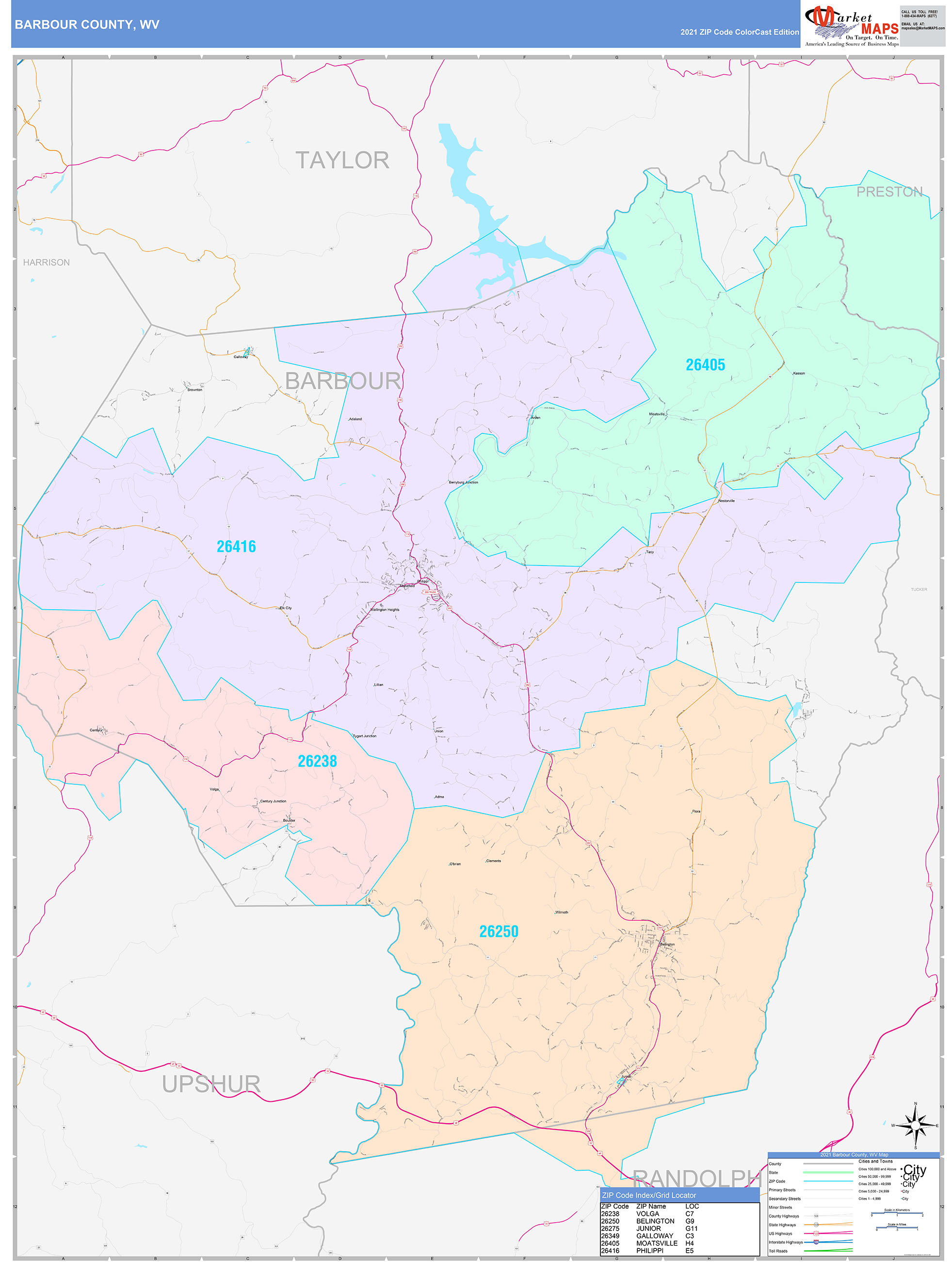 Barbour County, WV Wall Map Color Cast Style by MarketMAPS - MapSales.com