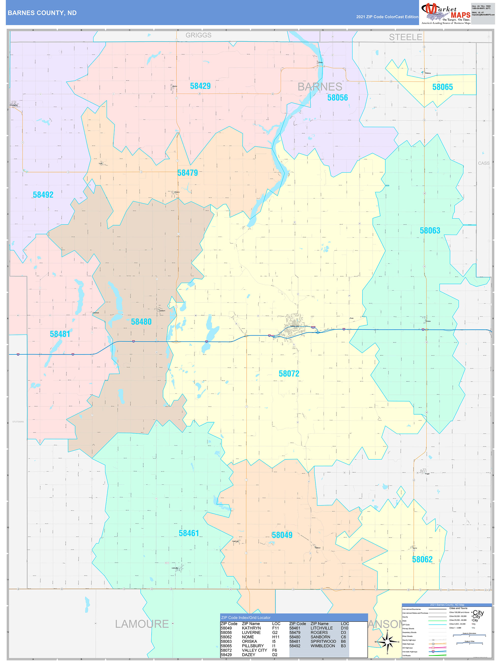 Barnes County, ND Wall Map Color Cast Style by MarketMAPS