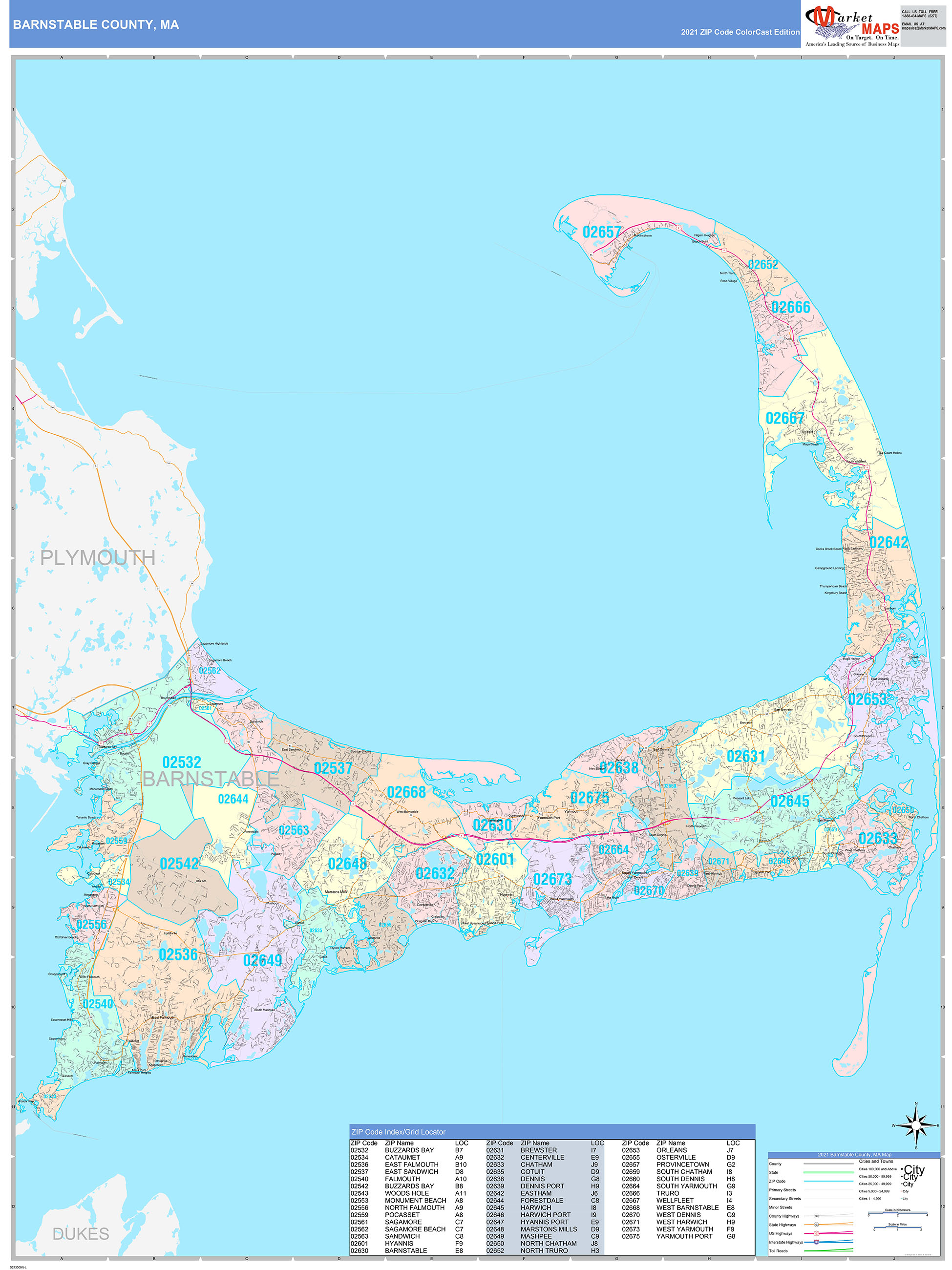 Barnstable County, MA Wall Map Color Cast Style by MarketMAPS - MapSales