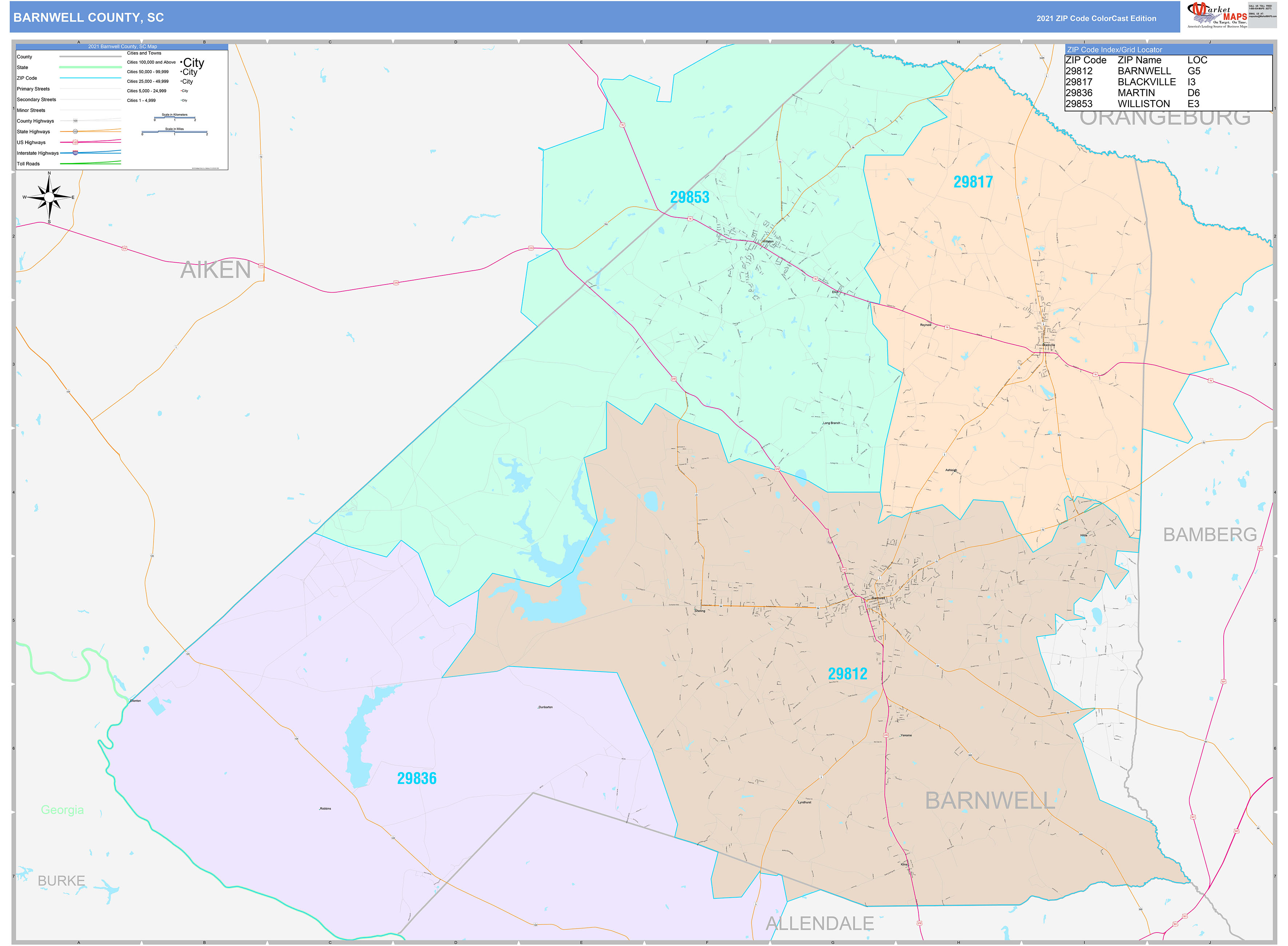 Barnwell County Sc Wall Map Color Cast Style By Marketmaps Mapsales 4276