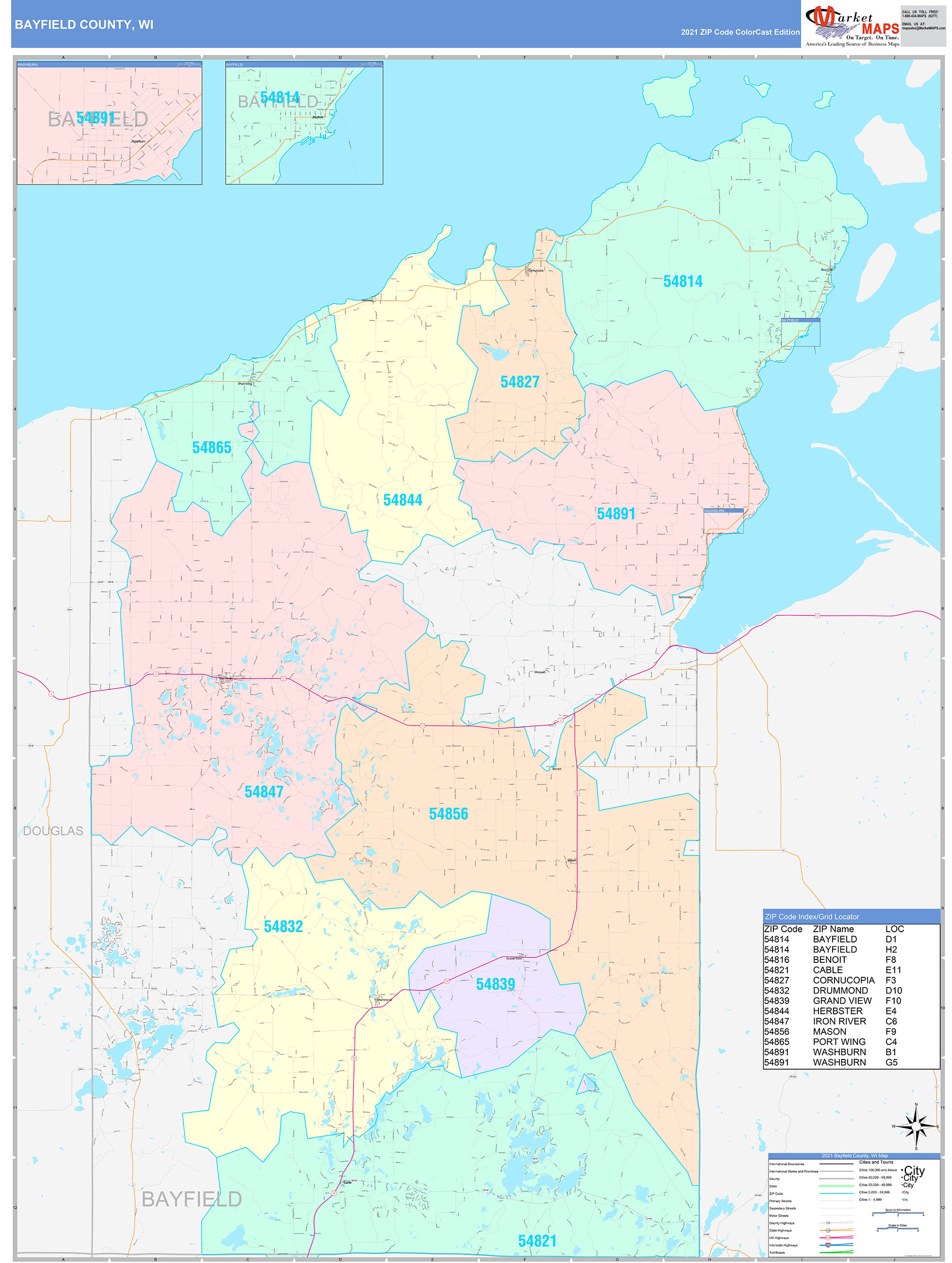 Bayfield County, Wi Wall Map Color Cast Style By Marketmaps - Mapsales.com