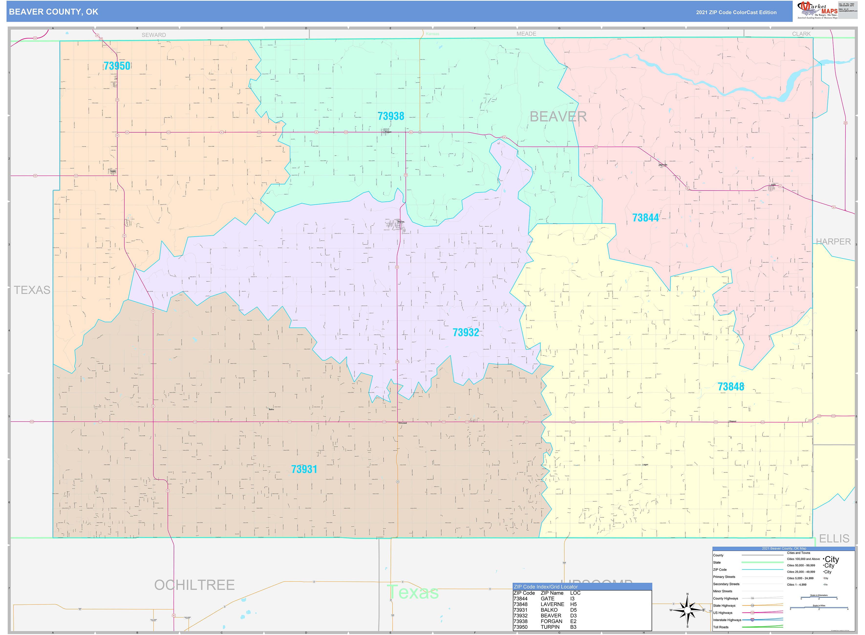 Beaver County, OK Wall Map Color Cast Style by MarketMAPS - MapSales.com