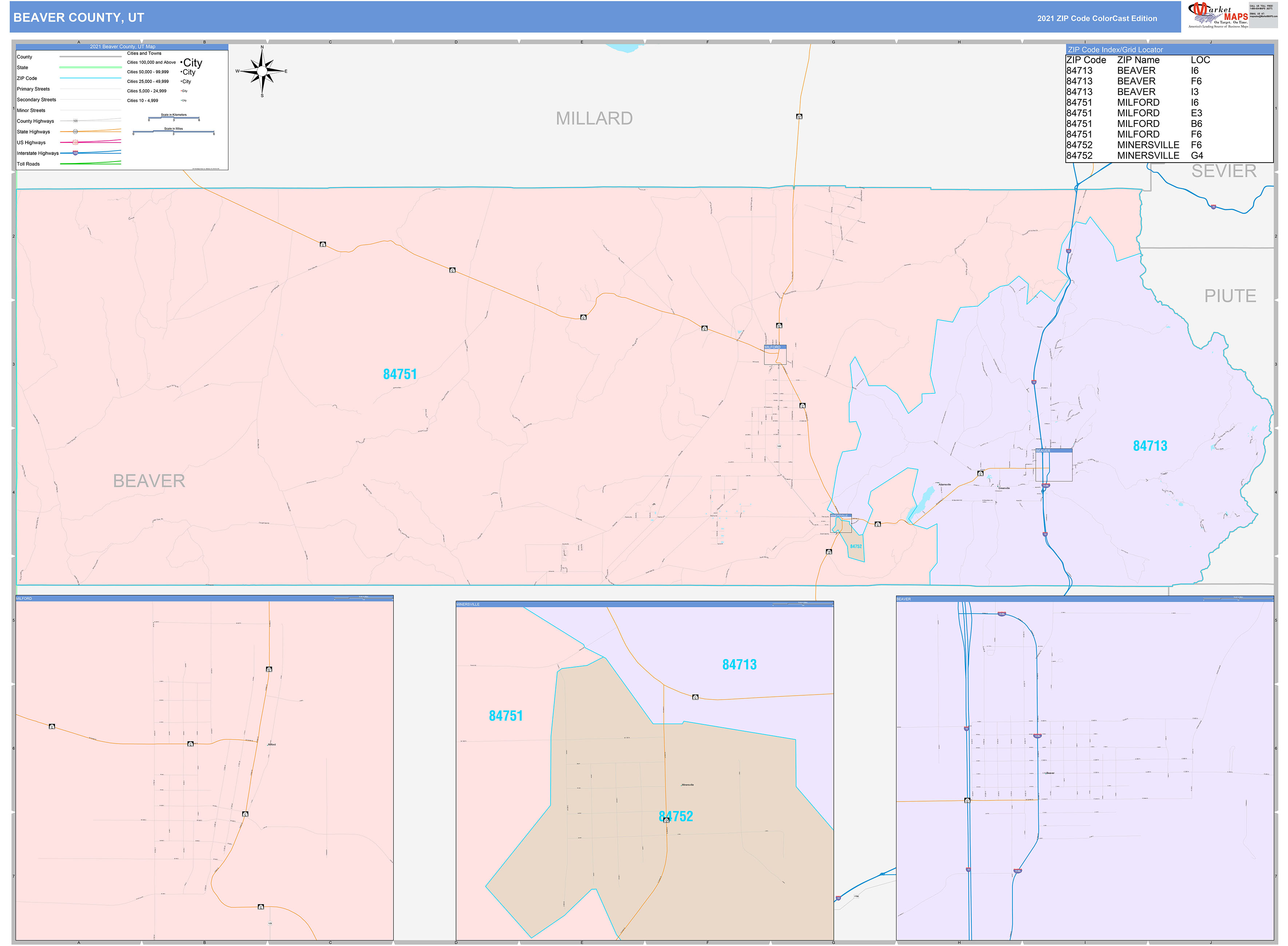 Beaver County, UT Wall Map Color Cast Style by MarketMAPS - MapSales.com