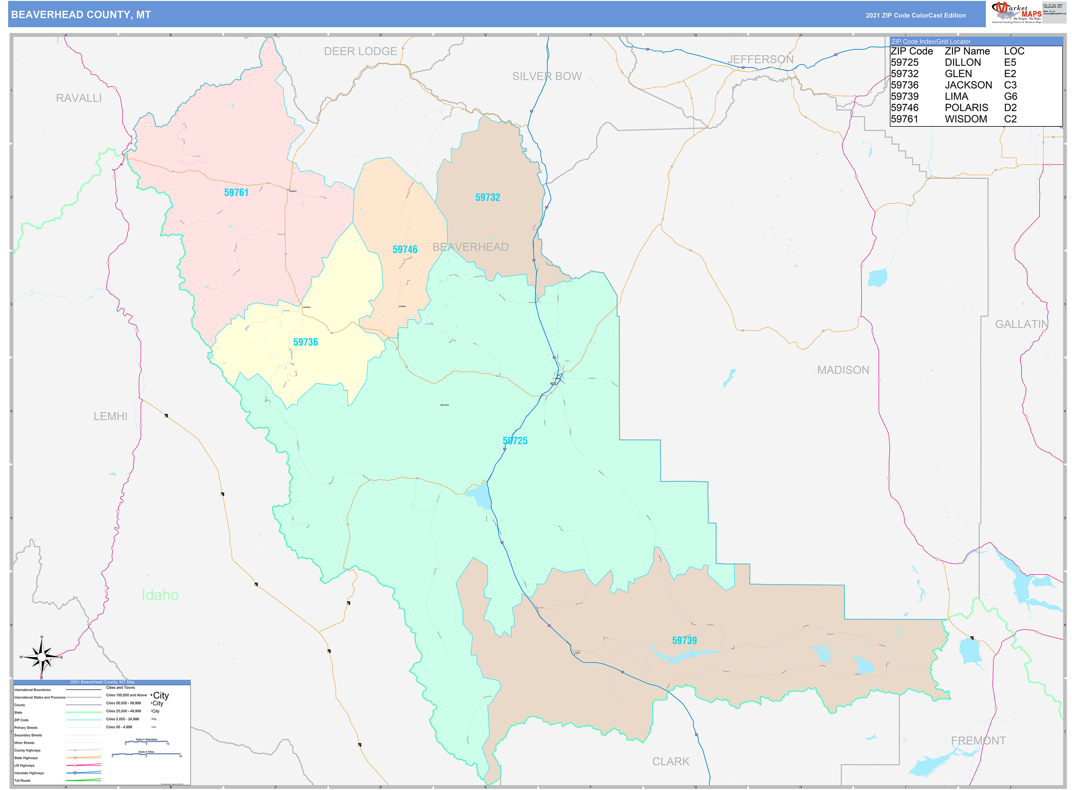 Beaverhead County, MT Wall Map Color Cast Style by MarketMAPS