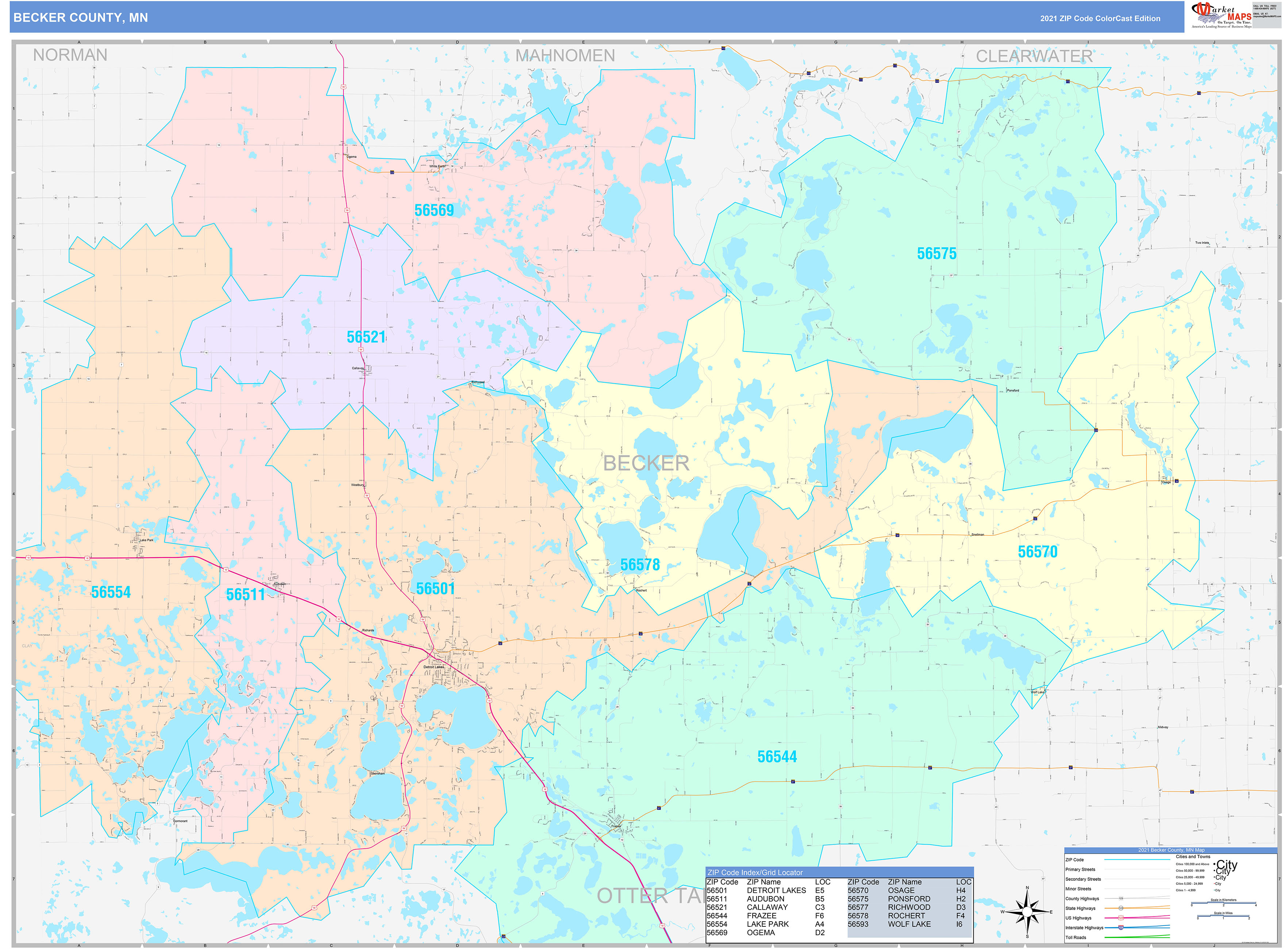 Becker County, MN Wall Map Color Cast Style by MarketMAPS