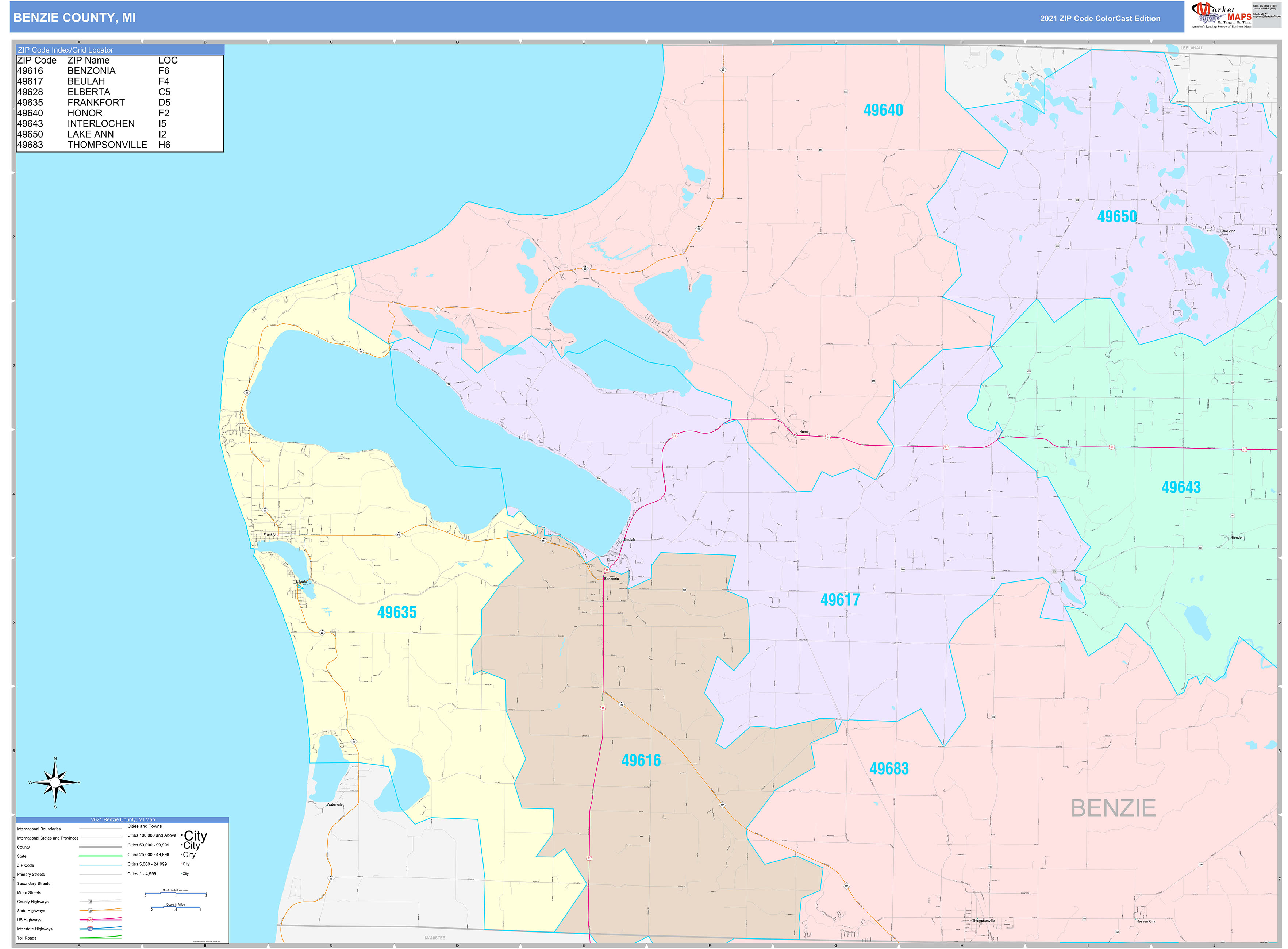 Benzie County, MI Wall Map Color Cast Style by MarketMAPS