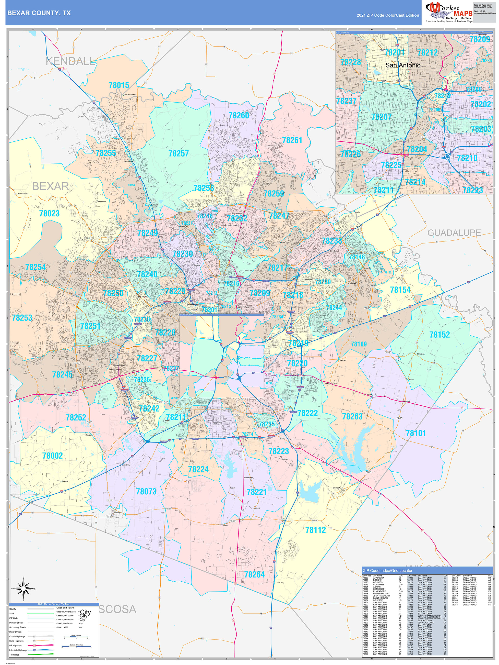 Bexar County, TX Wall Map Color Cast Style by MarketMAPS MapSales