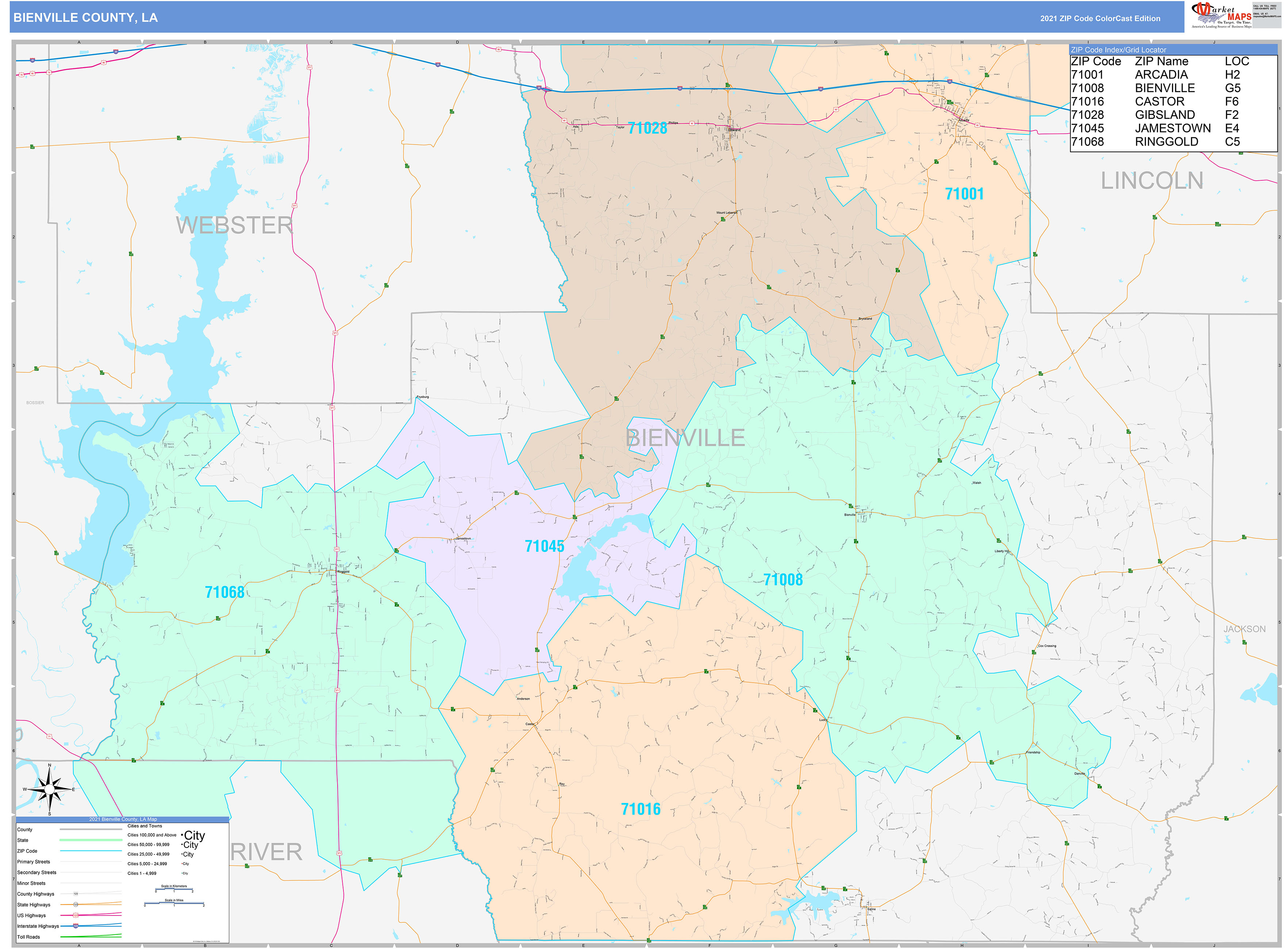 Bienville County, LA Wall Map Color Cast Style by MarketMAPS