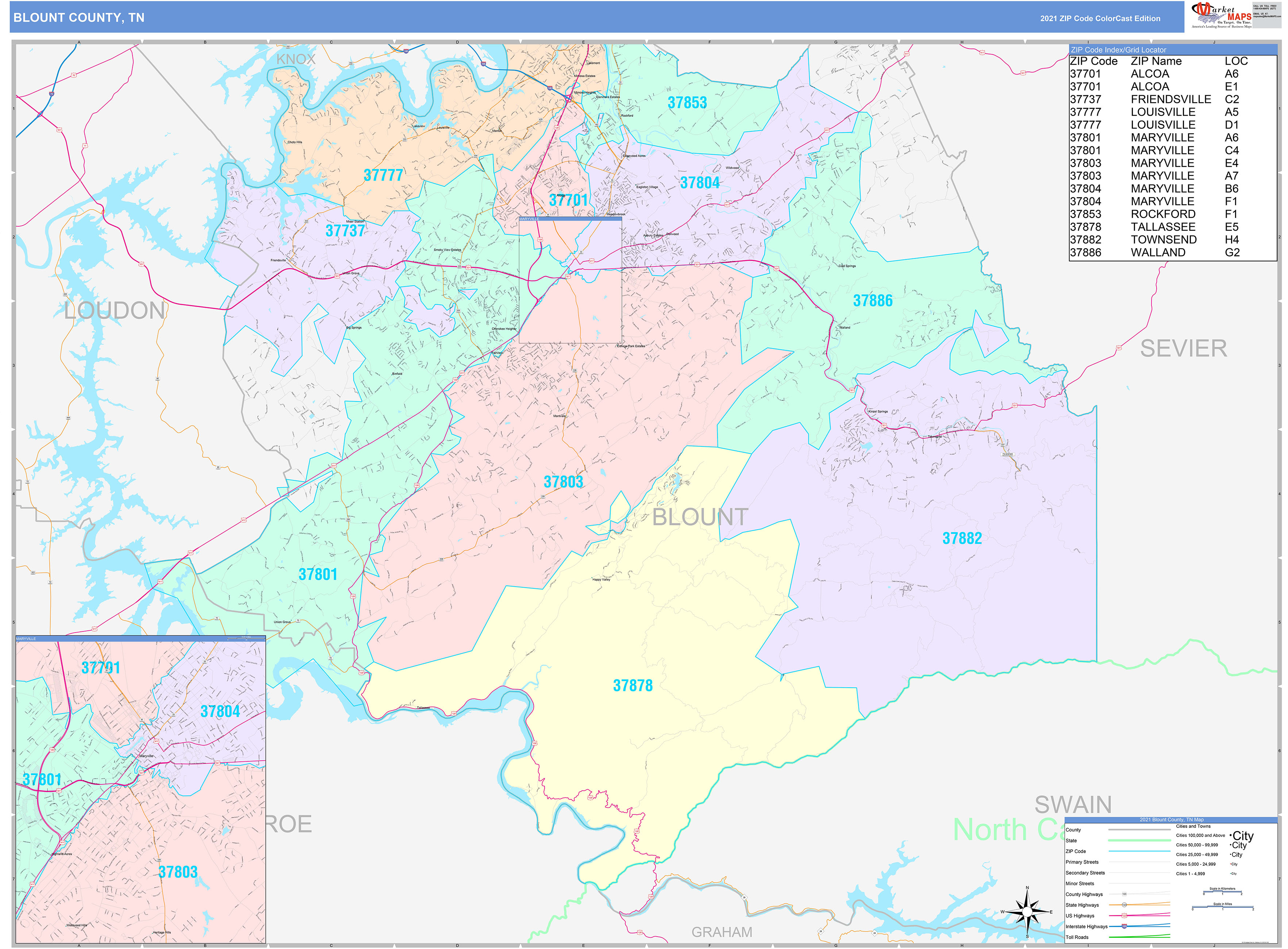 Blount County, TN Wall Map Color Cast Style By MarketMAPS - MapSales