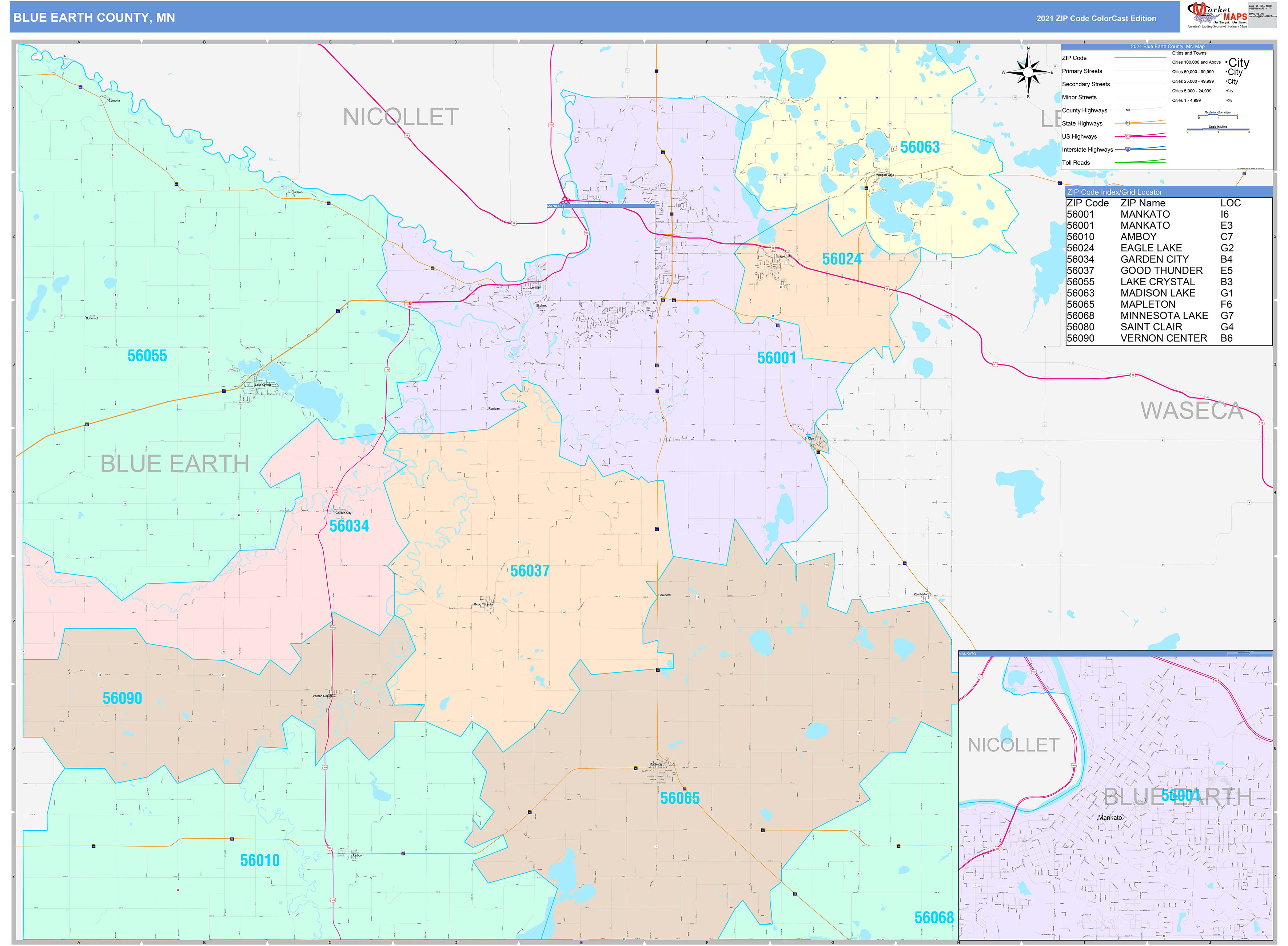 Blue Earth County MN Wall Map Color Cast Style by MarketMAPS