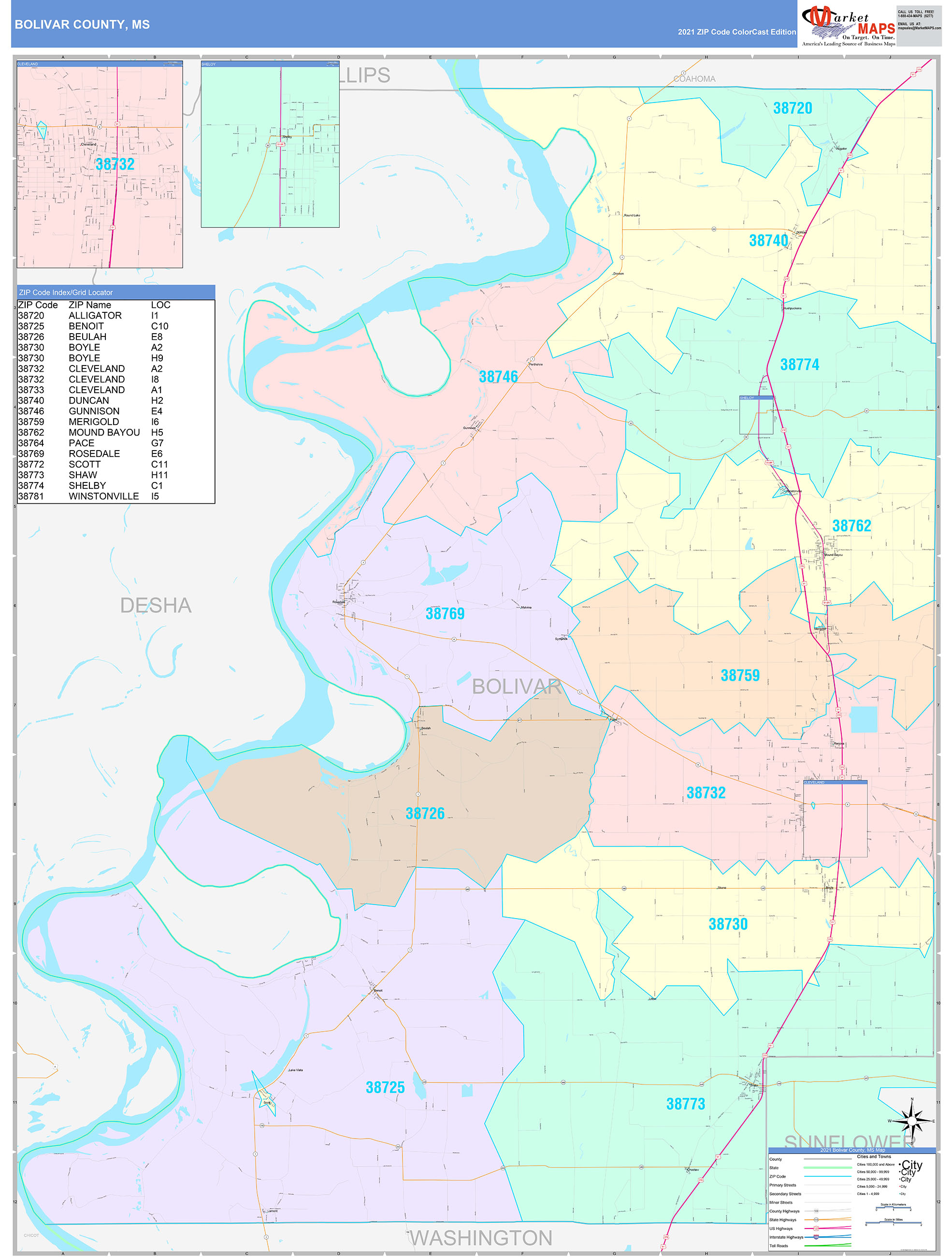 Bolivar County, MS Wall Map Color Cast Style by MarketMAPS