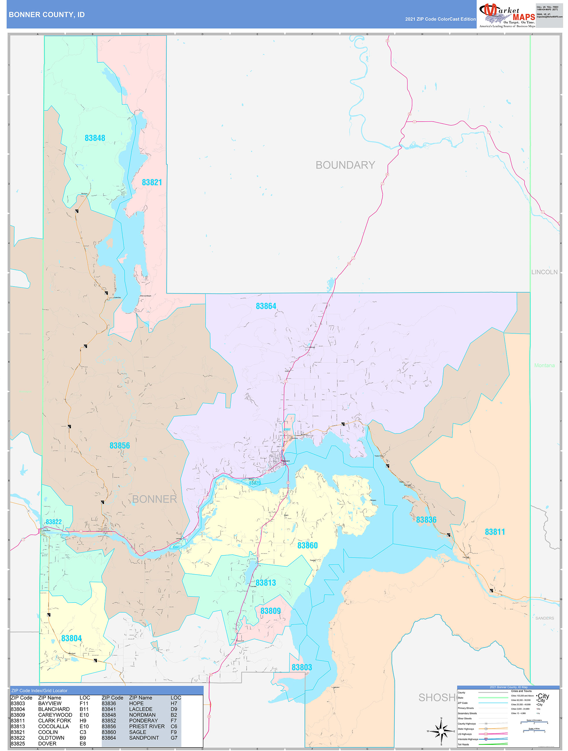 Bonner County, ID Wall Map Color Cast Style by MarketMAPS