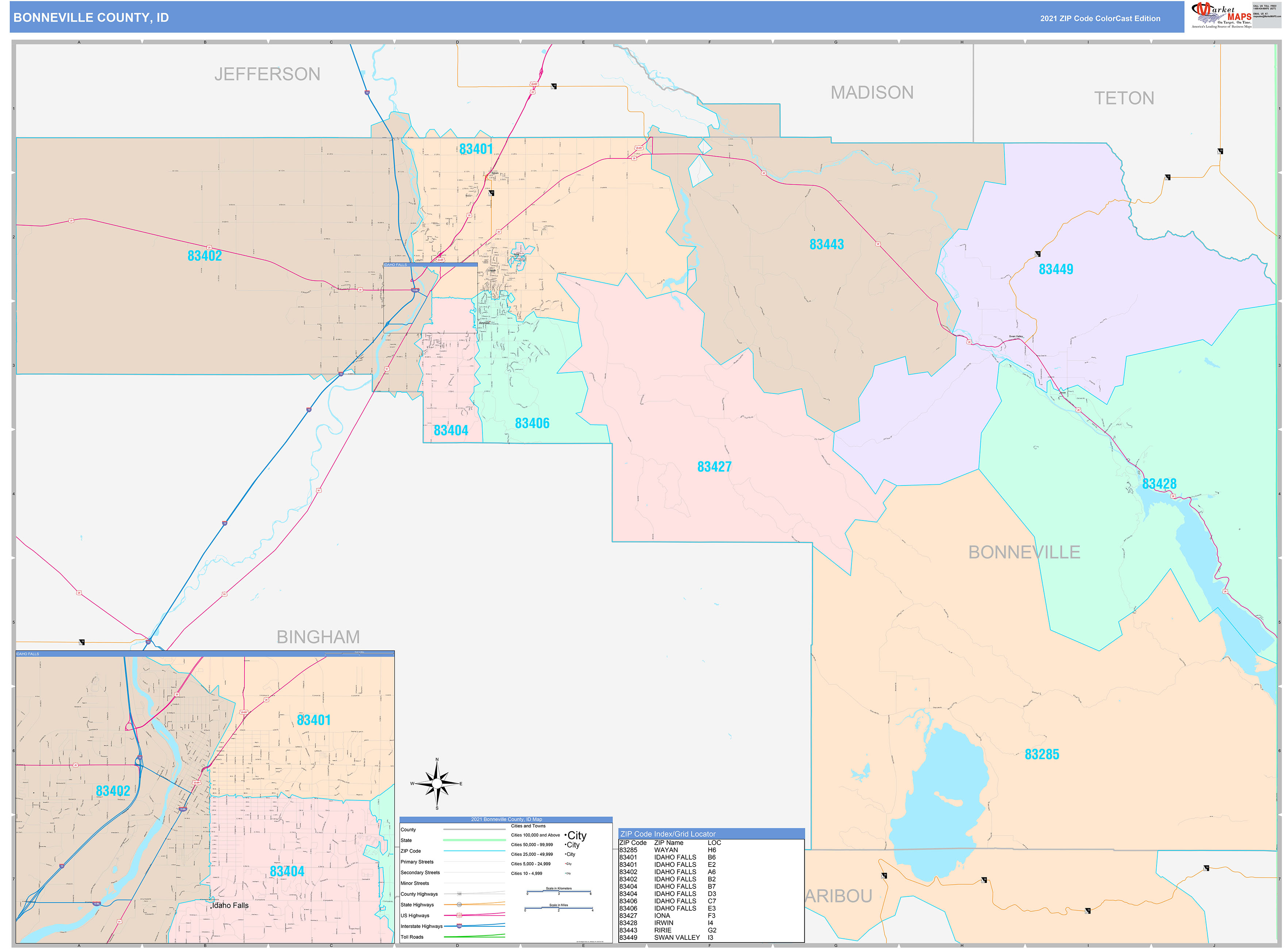 Bonneville County, ID Wall Map Color Cast Style by MarketMAPS ...