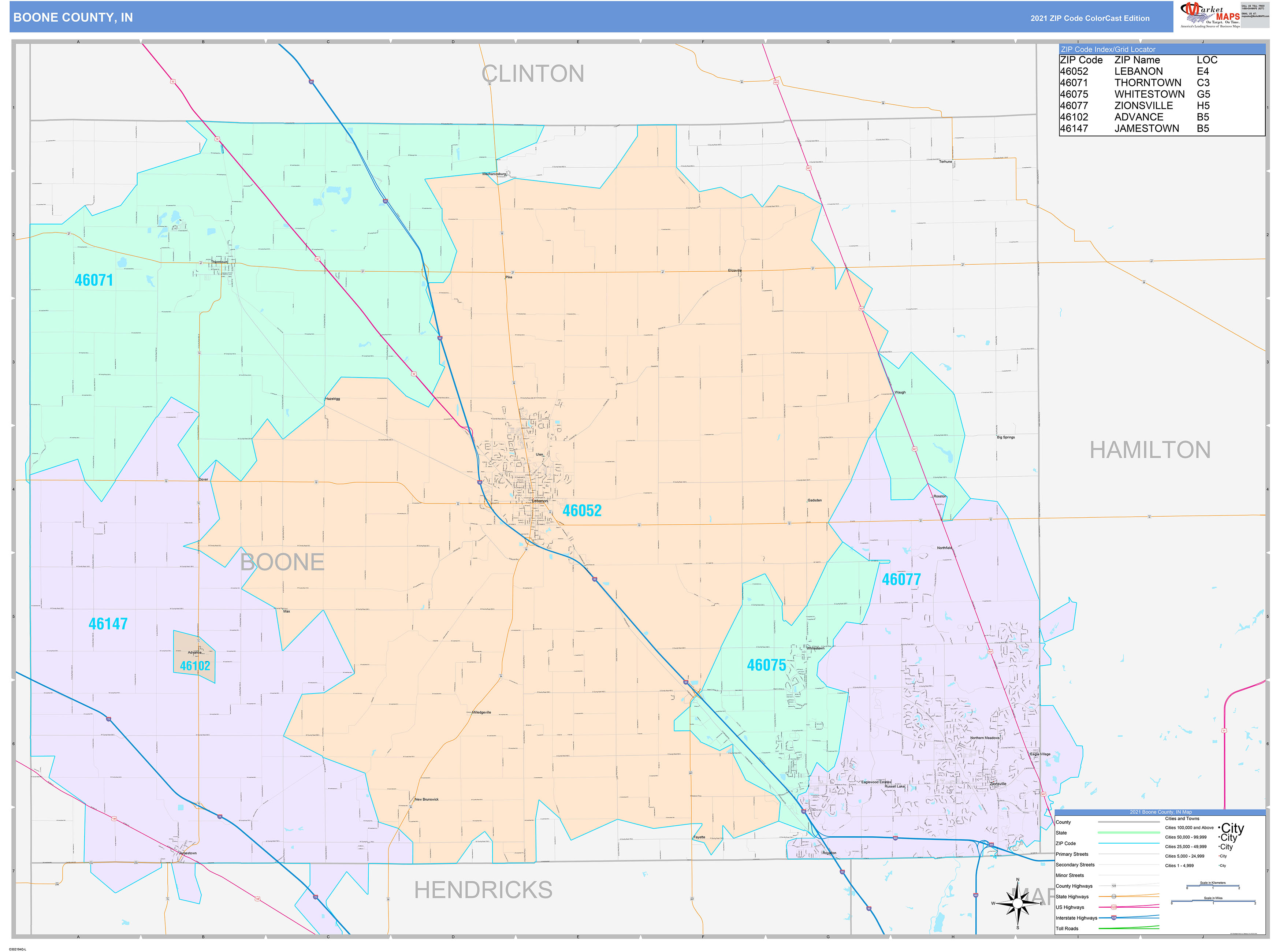 Boone County, IN Wall Map Color Cast Style by MarketMAPS