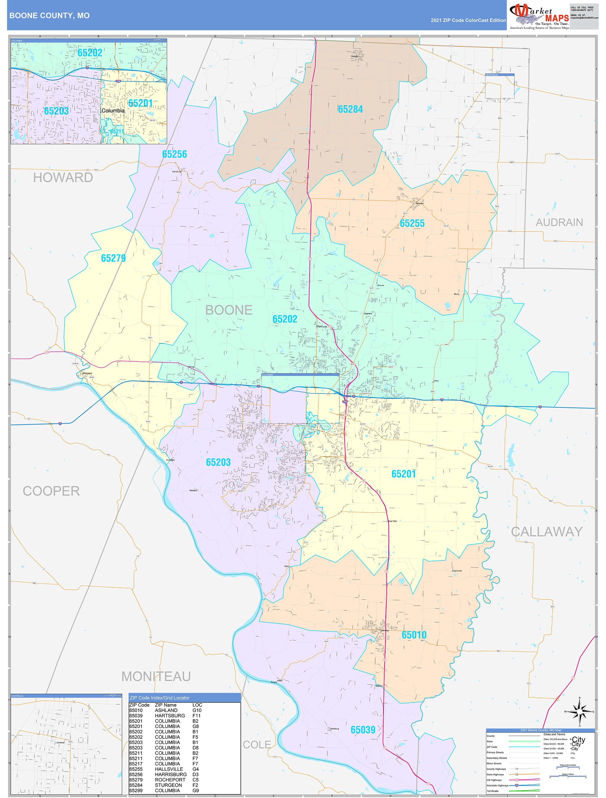 Boone County, MO Wall Map Color Cast Style by MarketMAPS
