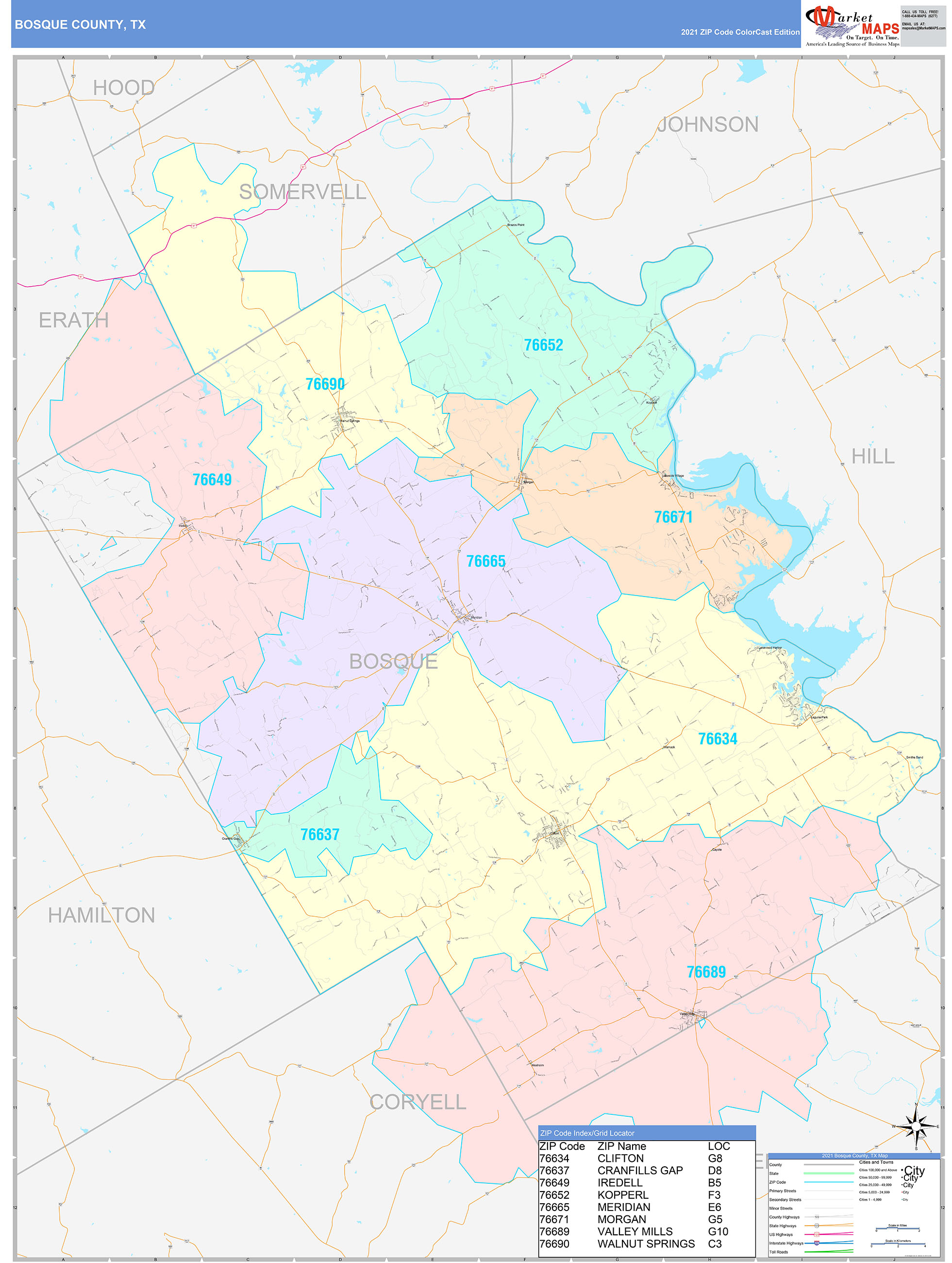 Bosque County, TX Wall Map Color Cast Style by MarketMAPS - MapSales.com