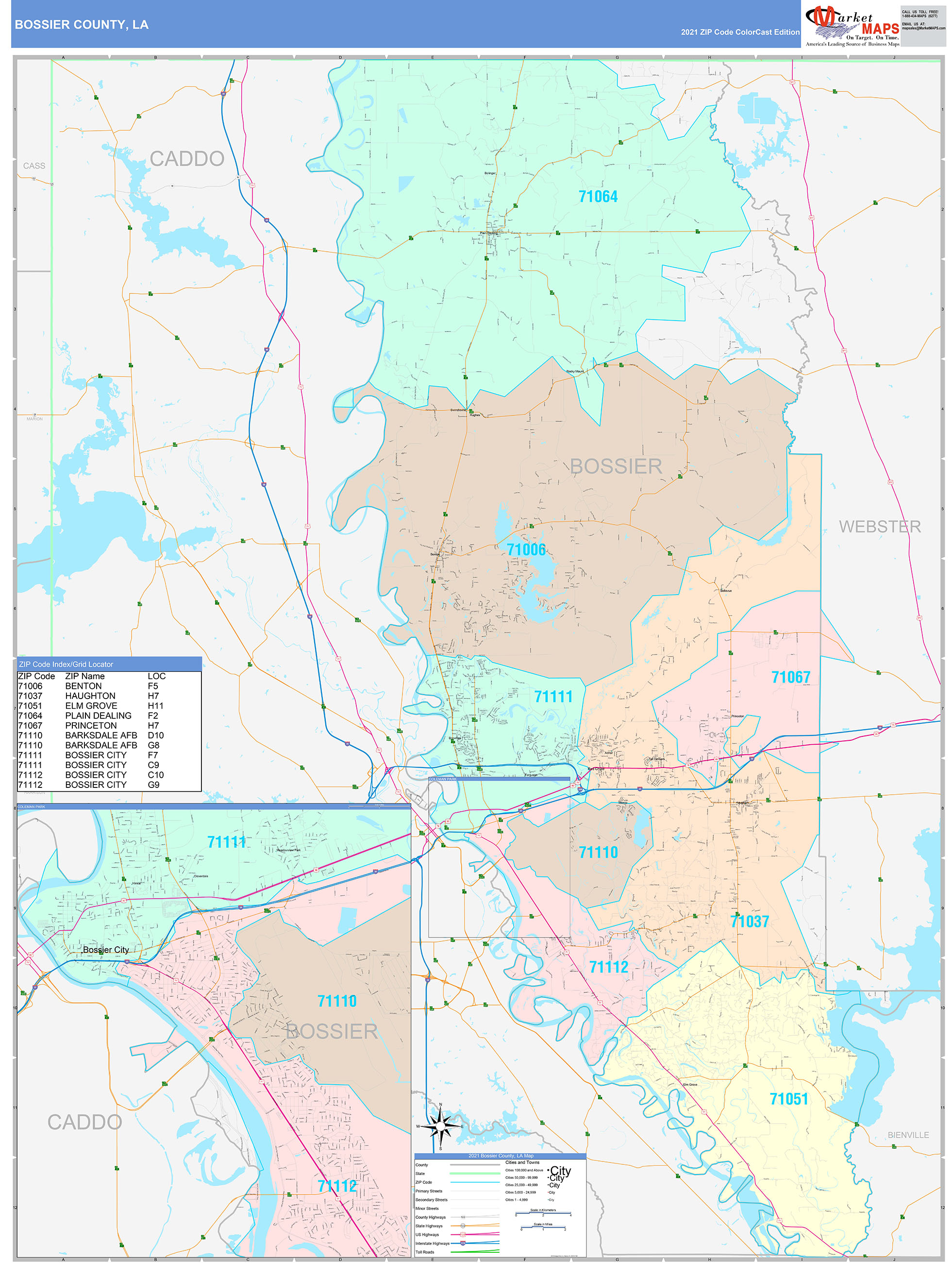 Bossier County, LA Wall Map Color Cast Style by MarketMAPS