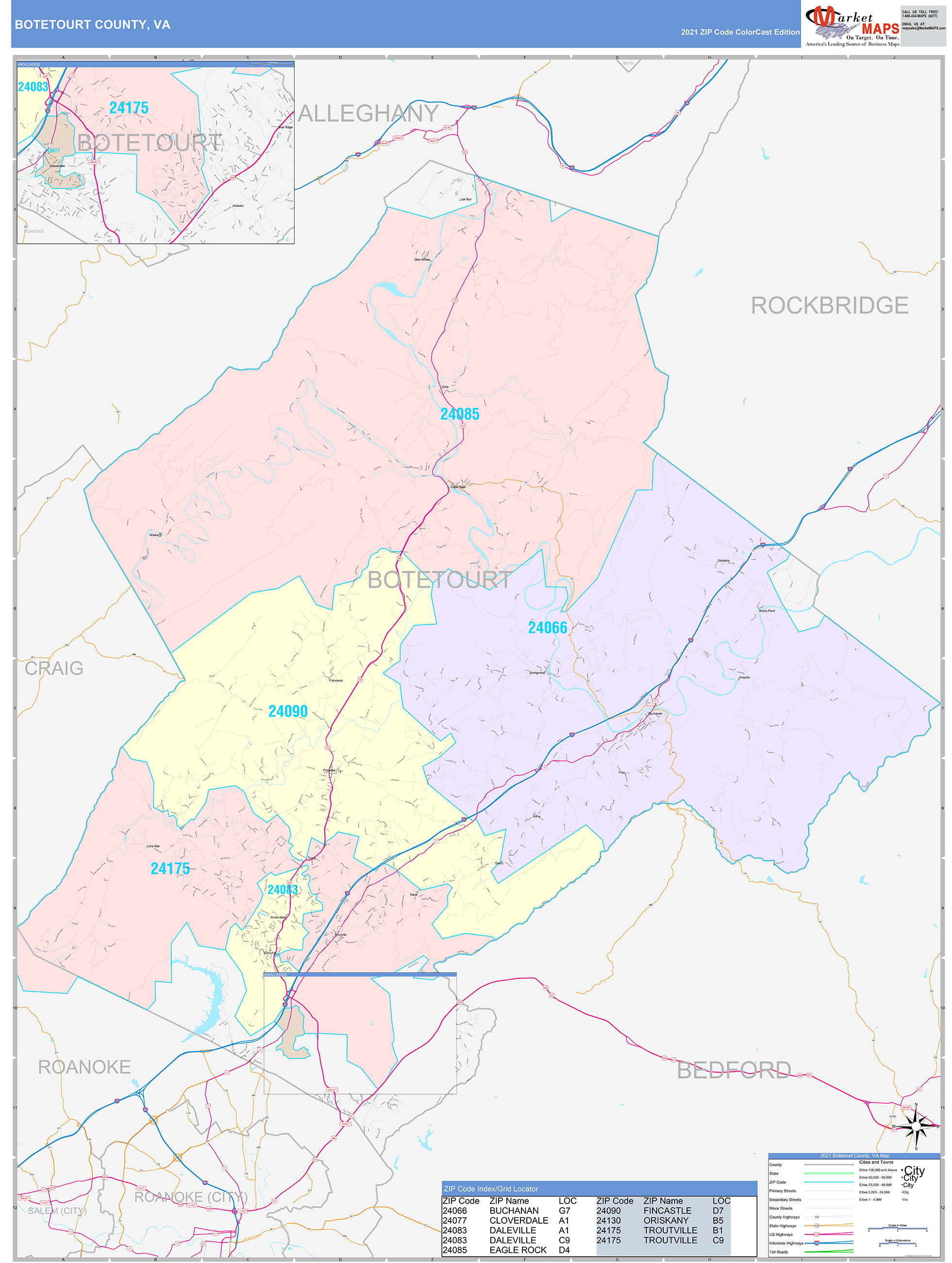 Botetourt County, VA Wall Map Color Cast Style by MarketMAPS