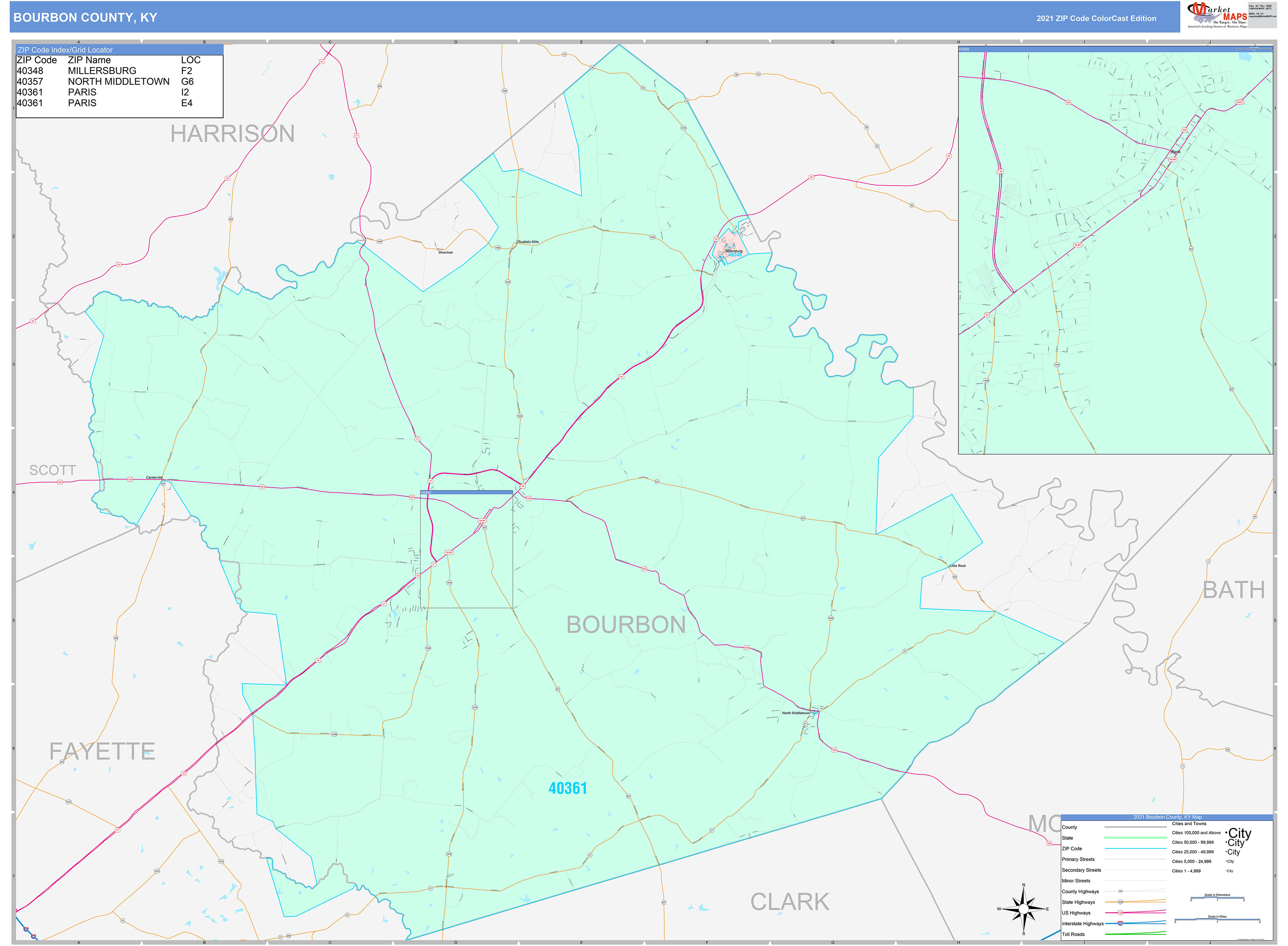 Bourbon County, KY Wall Map Color Cast Style by MarketMAPS