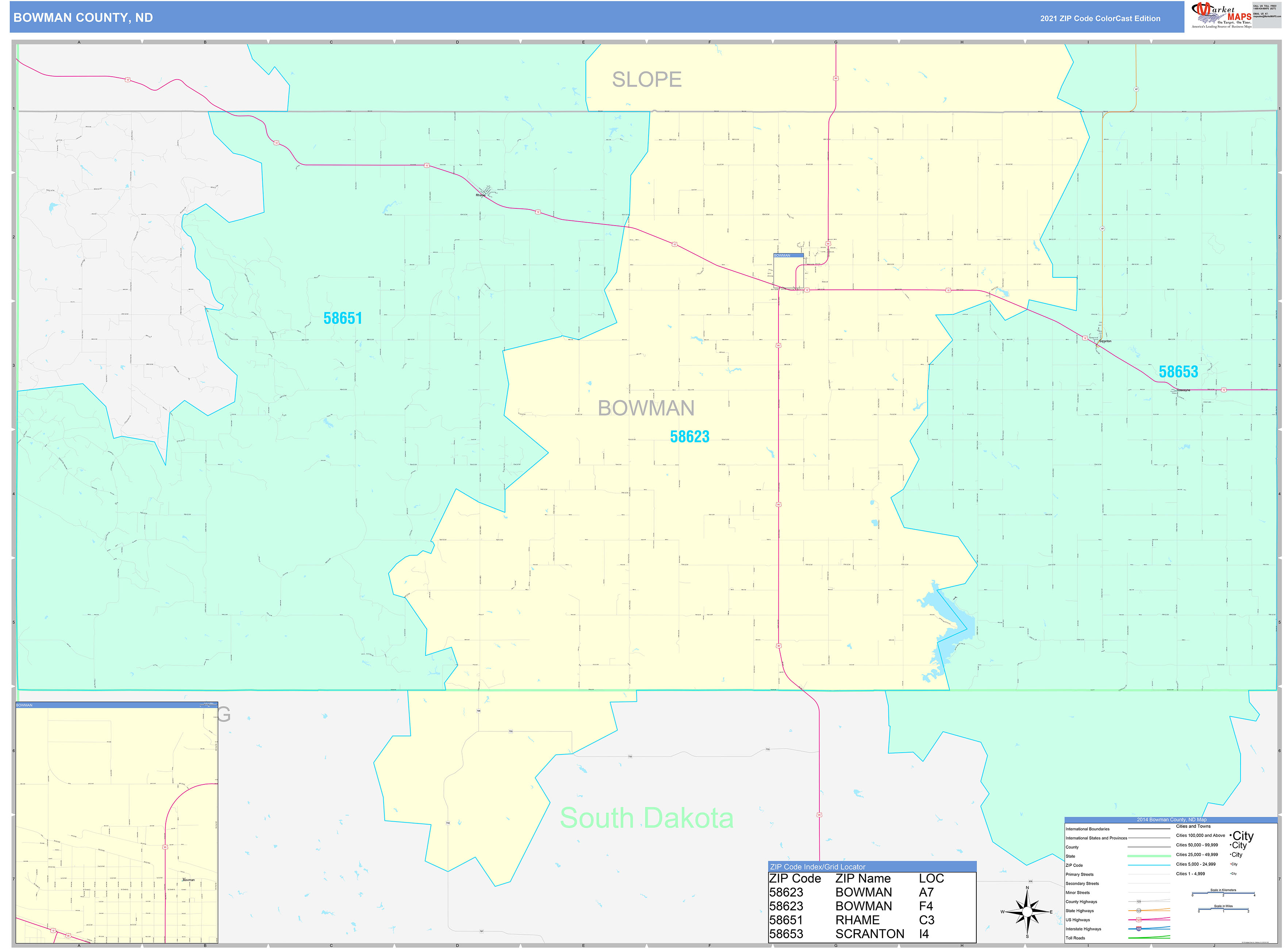 Bowman County, ND Wall Map Color Cast Style by MarketMAPS