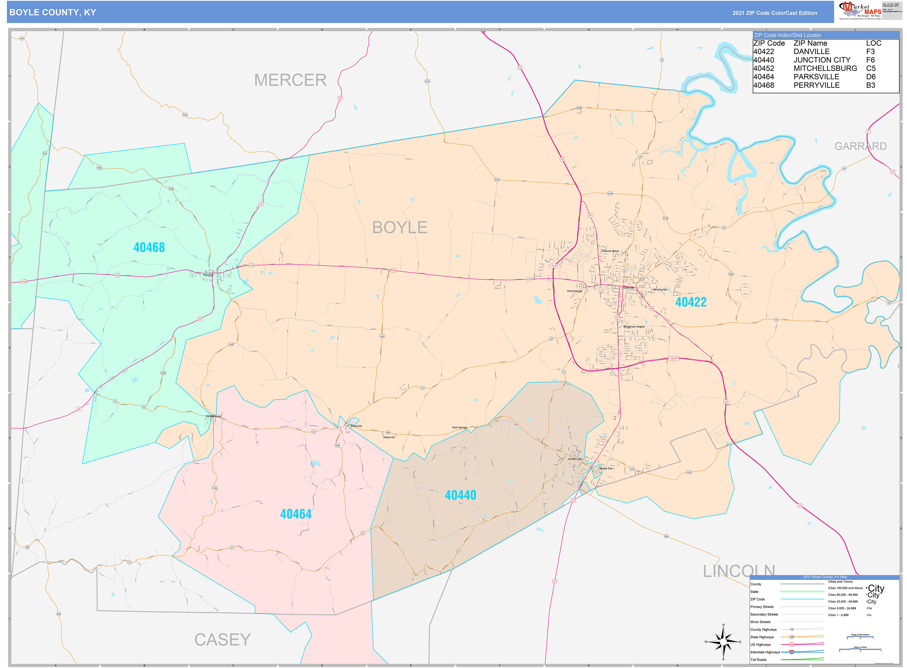 Boyle County, KY Wall Map Color Cast Style by MarketMAPS