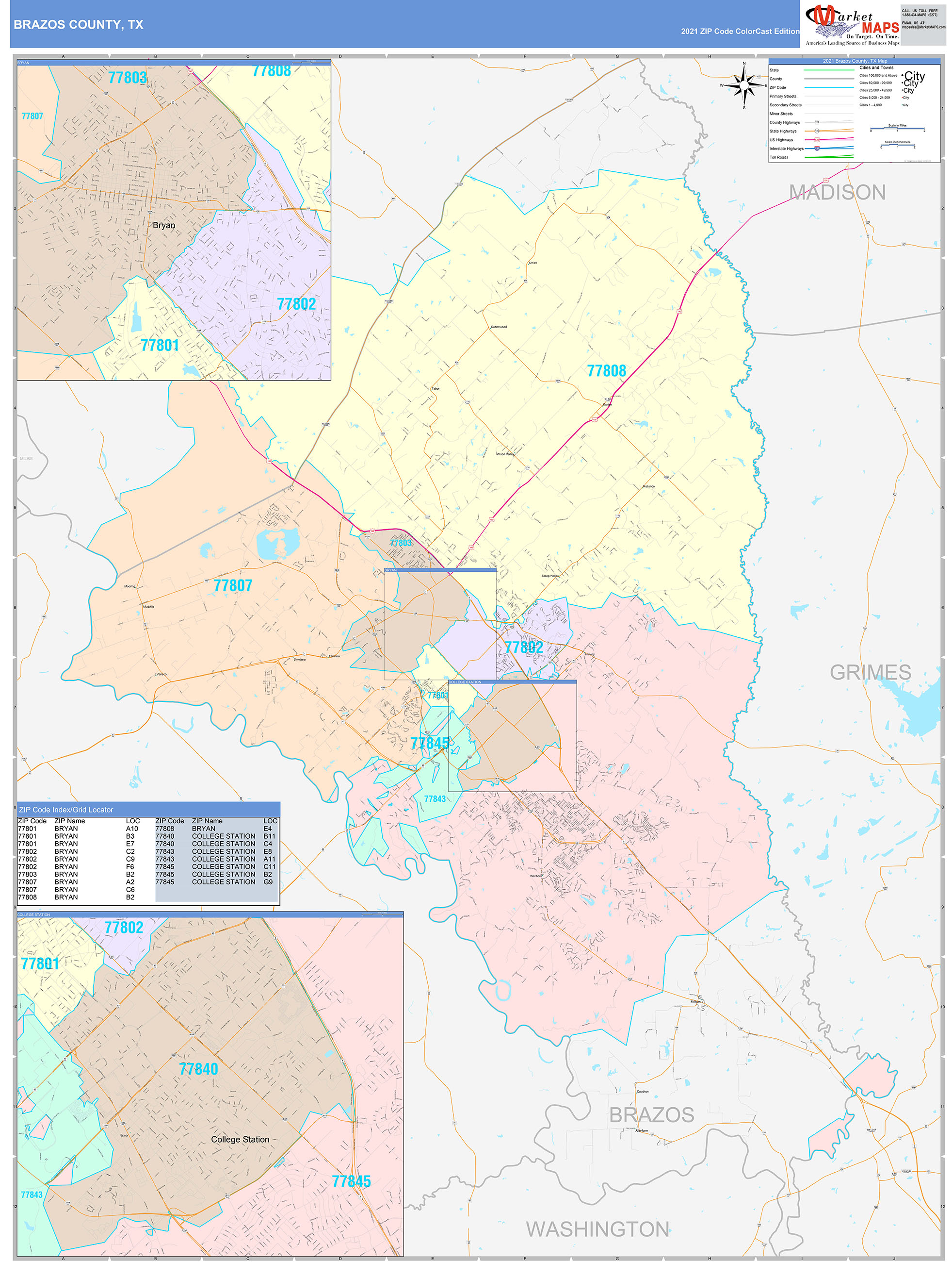 Brazos County, TX Wall Map Color Cast Style by MarketMAPS - MapSales.com