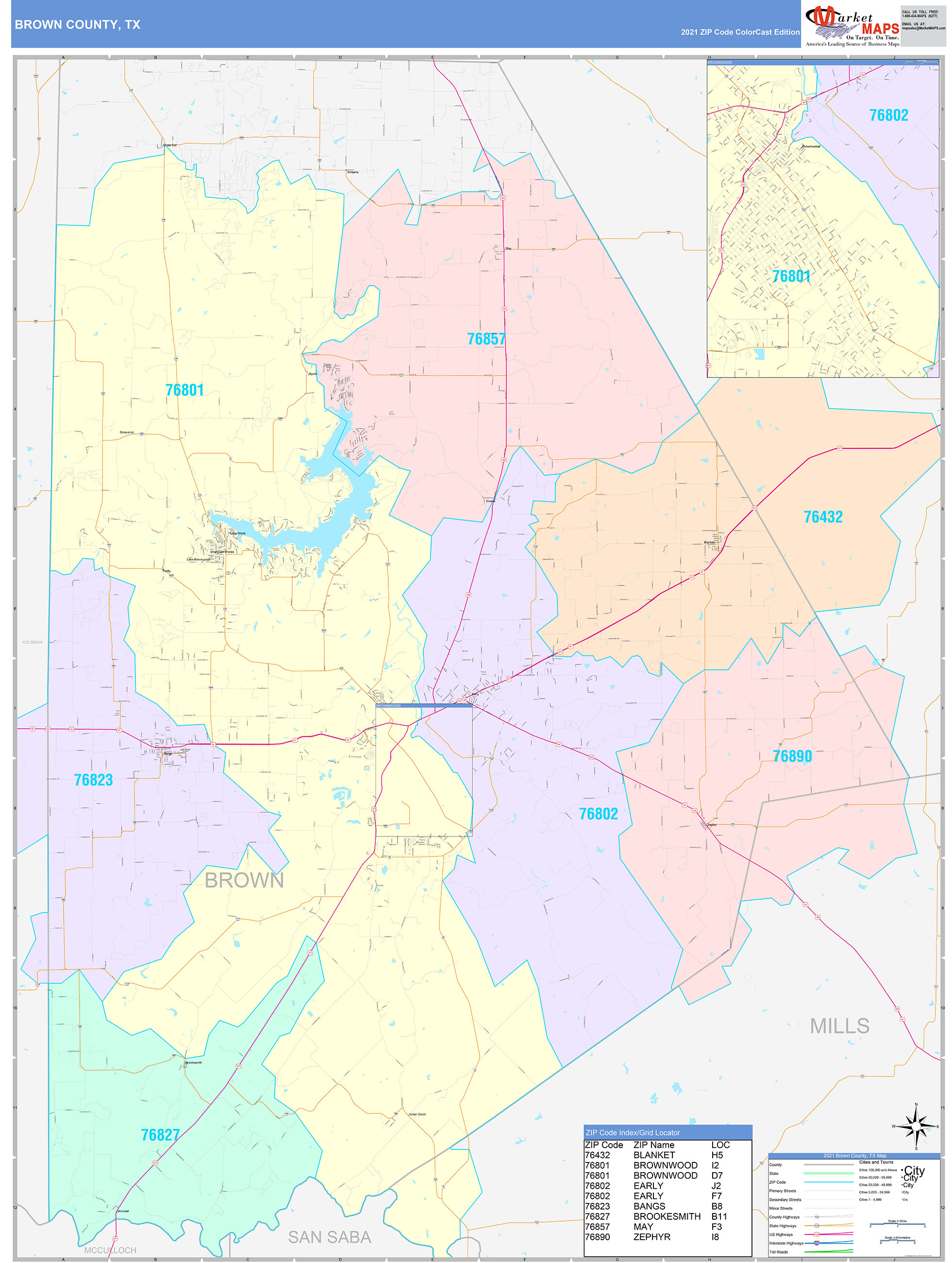 Brown County, TX Wall Map Color Cast Style by MarketMAPS