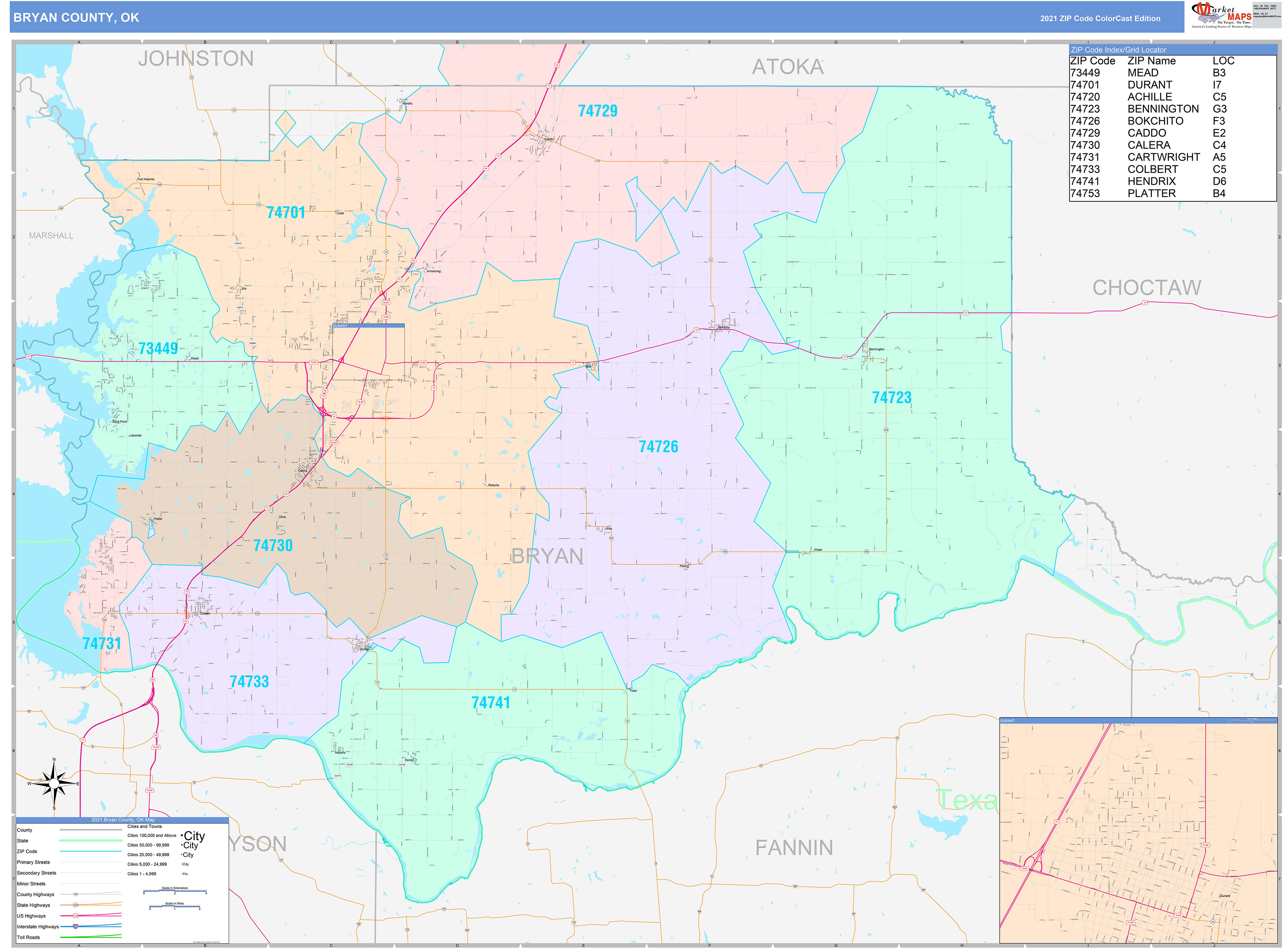 Bryan County, OK Wall Map Color Cast Style by MarketMAPS