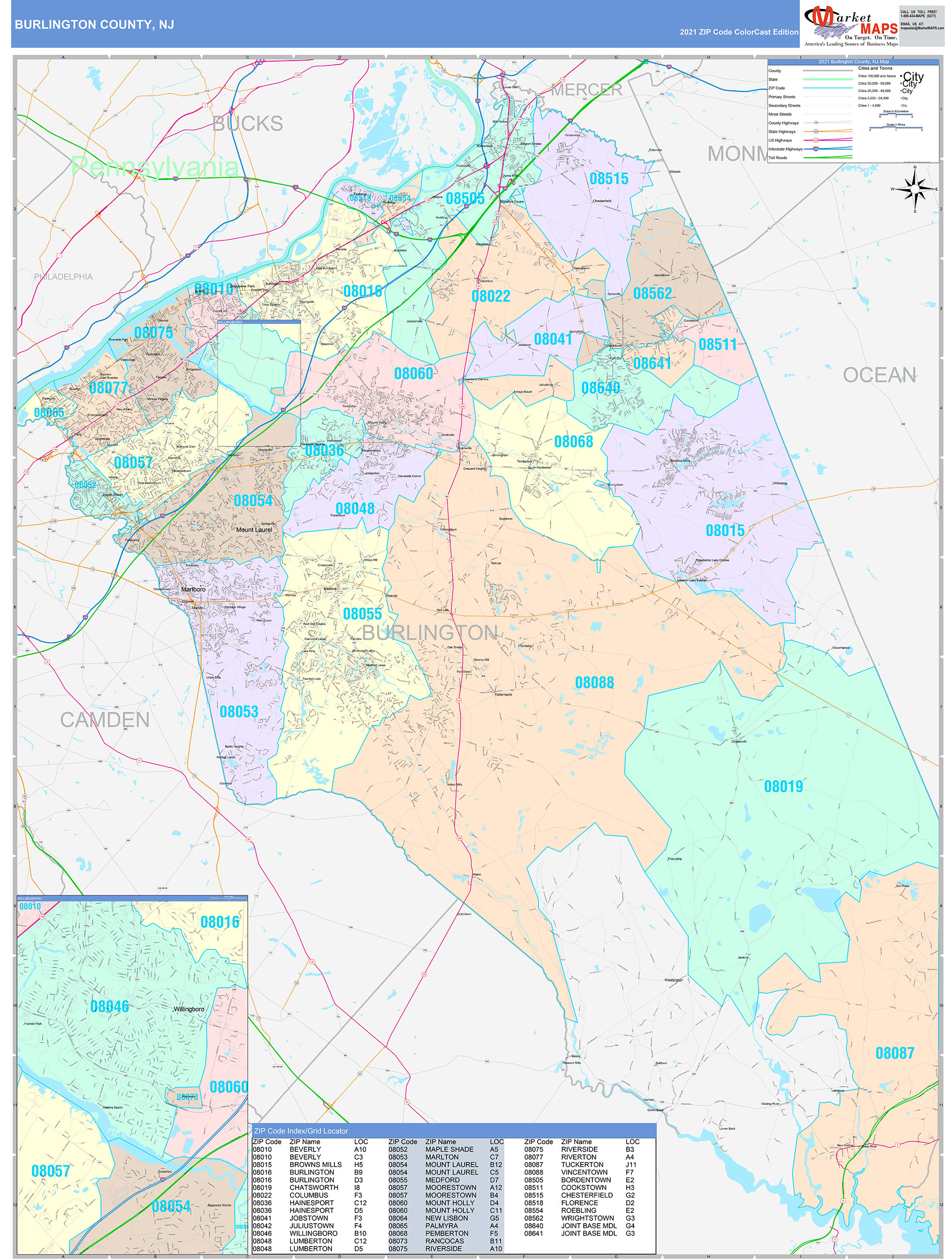 Burlington County, NJ Wall Map Color Cast Style by MarketMAPS - MapSales