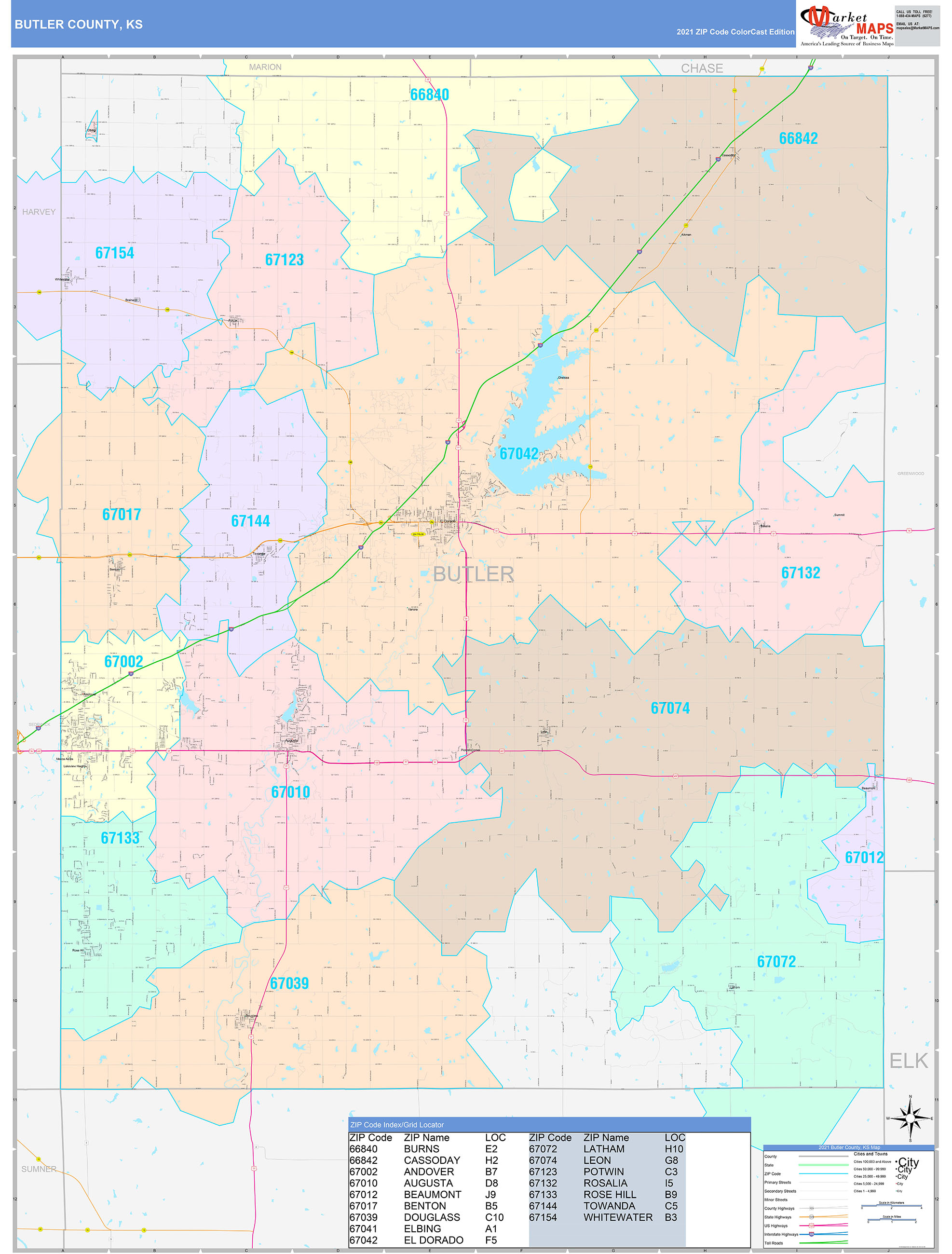 Butler County, Ks Wall Map Color Cast Style By Marketmaps - Mapsales.com